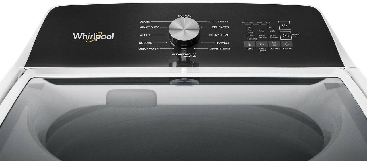 Whirlpool

NORMAL  
- JEANS  
- HEAVY DUTY  
- WHITES  
- COLORS  
- QUICK WASH  
- CLEANER WASHER  

ACTWEAR  
- DELICATES  
- BULKY ITEMS  
- TOWELS  
- DRAIN & SPIN  

Temp  
Rinse  
Options  
Faucet  

Start  
Hold to Start