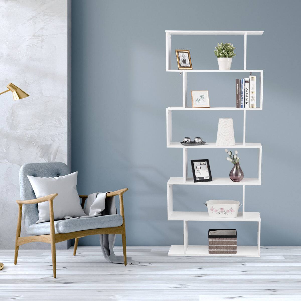 Alt View 3. Gymax - Gymax 6 Tier S-Shaped Bookcase Z-Shelf Style Storage Display Modern Bookshelf White - White.
