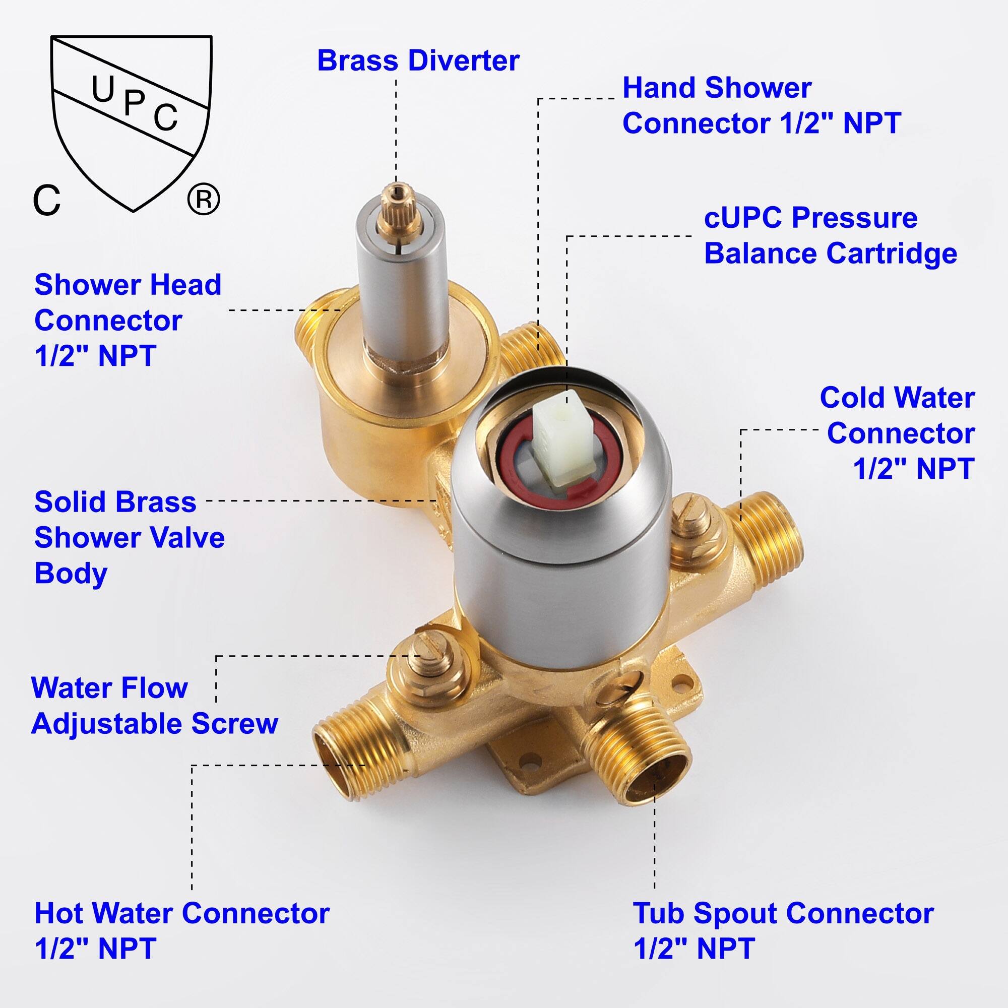 - Shower Head Connector 1/2" NPT
- Solid Brass Shower Valve Body
- Brass Diverter
- Hand Shower Connector 1/2" NPT
- cUPC Pressure Balance Cartridge
- Cold Water Connector 1/2" NPT
- Water Flow Adjustable Screw
- Hot Water Connector 1/2" NPT
- Tub Spout Connector 1/2" NPT