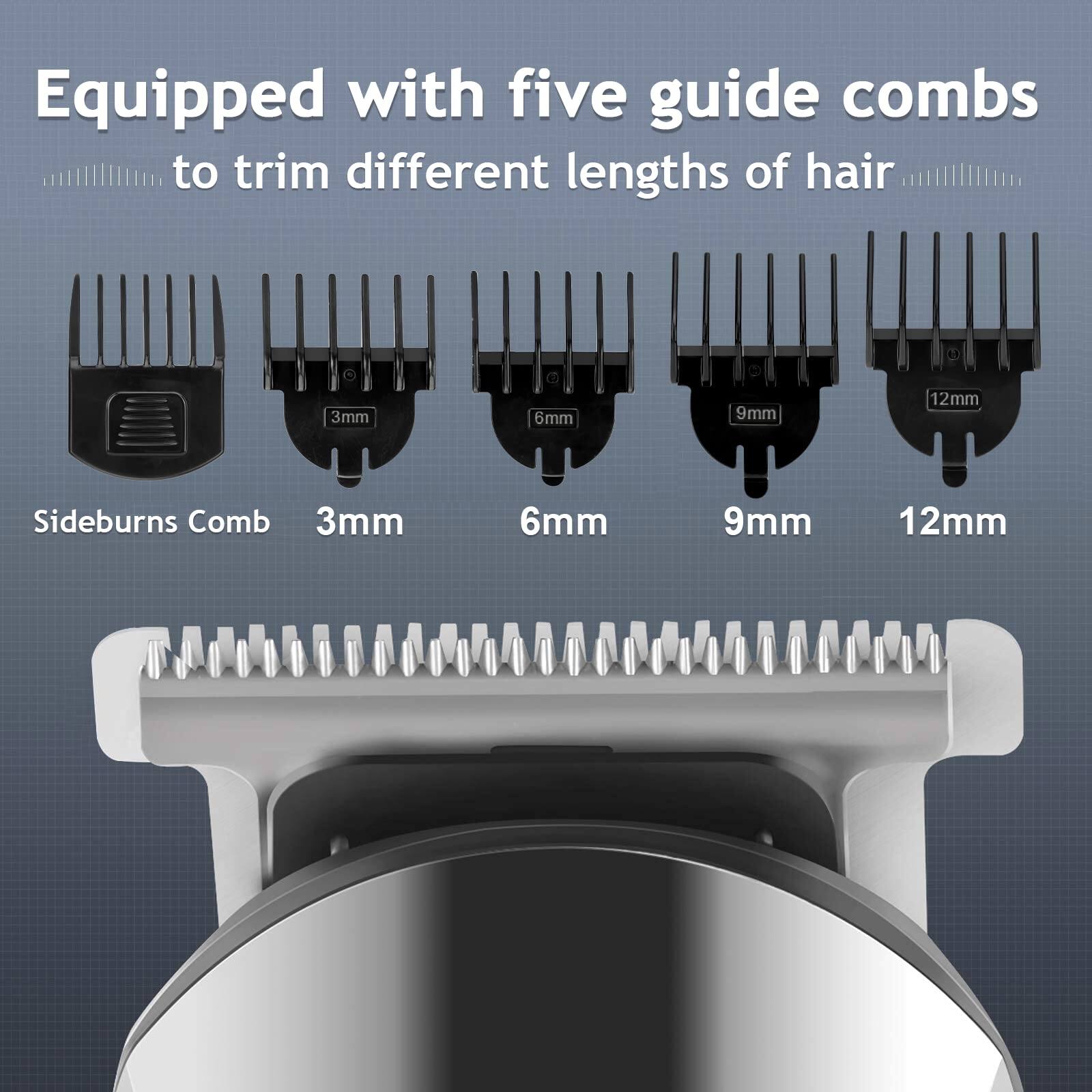 Equipped with five guide combs to trim different lengths of hair: 3mm, 6mm, 9mm, 12mm. Sideburns Comb: 3mm, 6mm, 9mm, 12mm