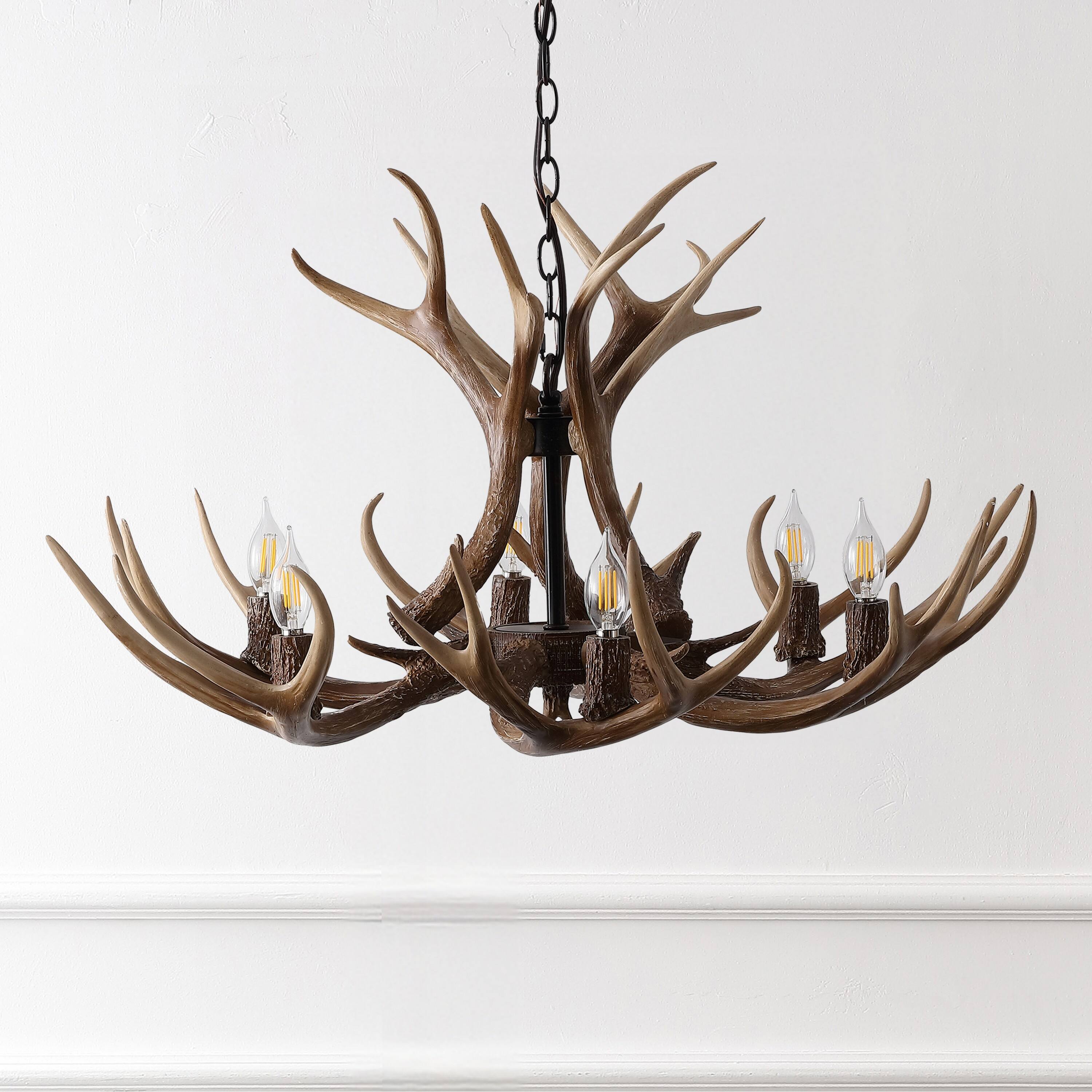 Alt View 5. Jonathan Y - Eldora 33" 6-Light Rustic Farmhouse Adjustable Resin Antler LED Chandelier, Brown - Brown.