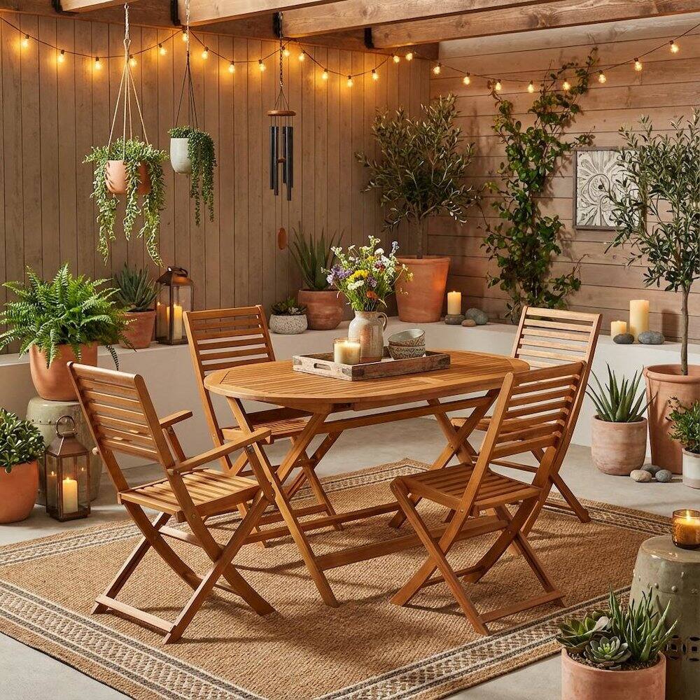 Alt View 4. Outdoor Escape - Wooden Patio Set Neutral Oil with Dining Table and 4 Outdoor Chairs - Brown.