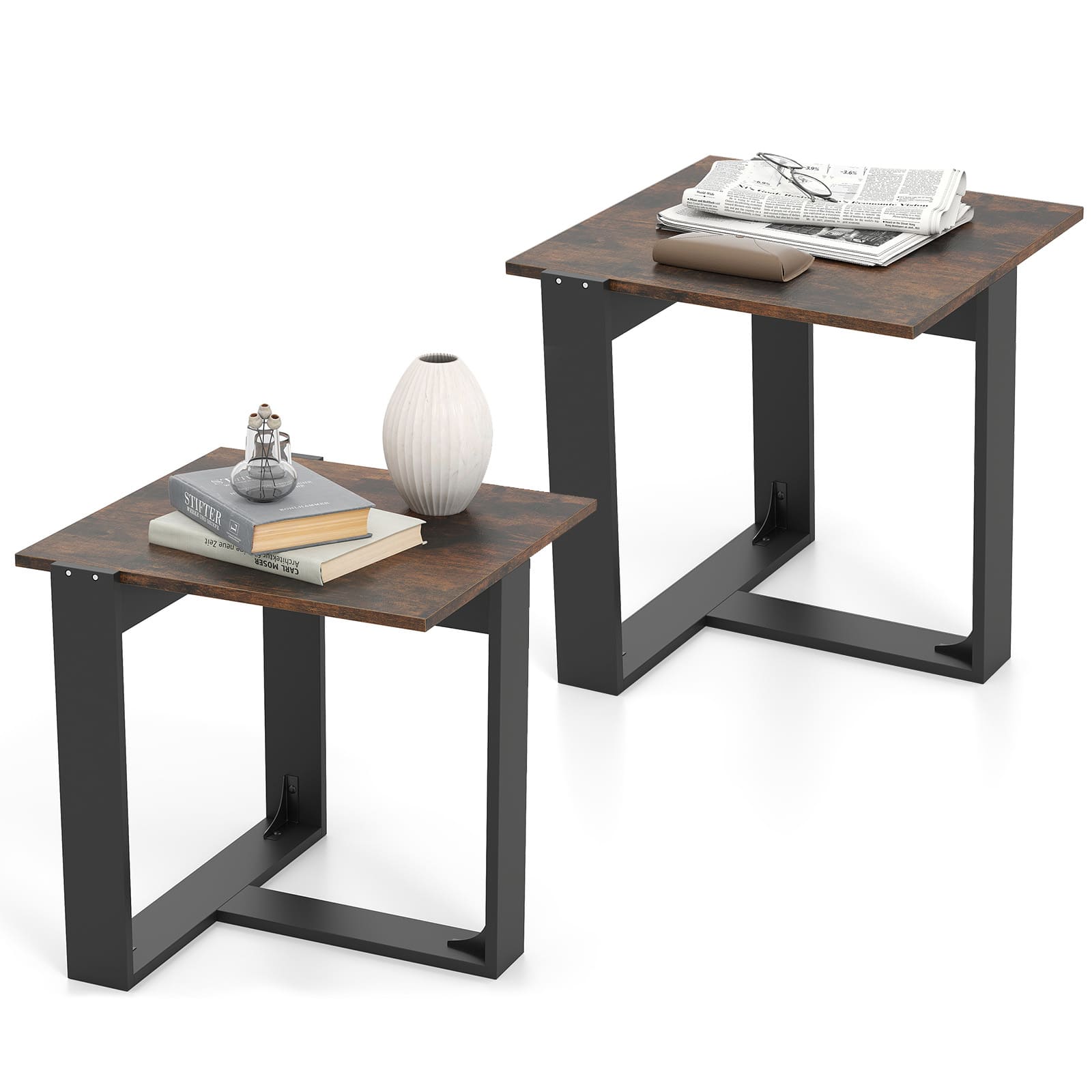 Gymax - Set of 2 End Tables Industrial Sofa Side Tables w/Metal Frame for Small Space - Brown