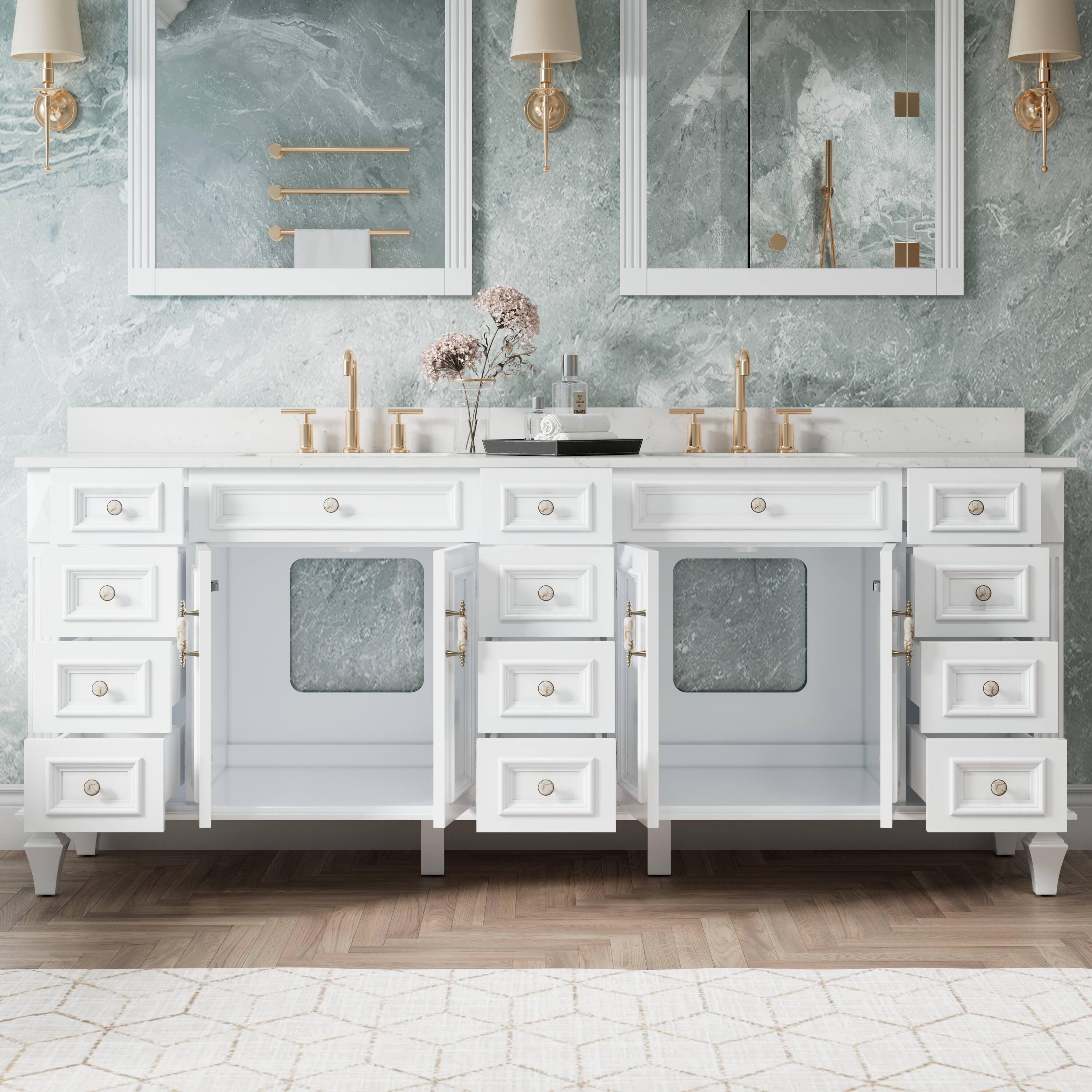 Left. WELLFOR - ARTWOOD 84 in. Solid Wood Bath Vanity with Quartz Top, Double Sink, Soft Close, Assembled - White.