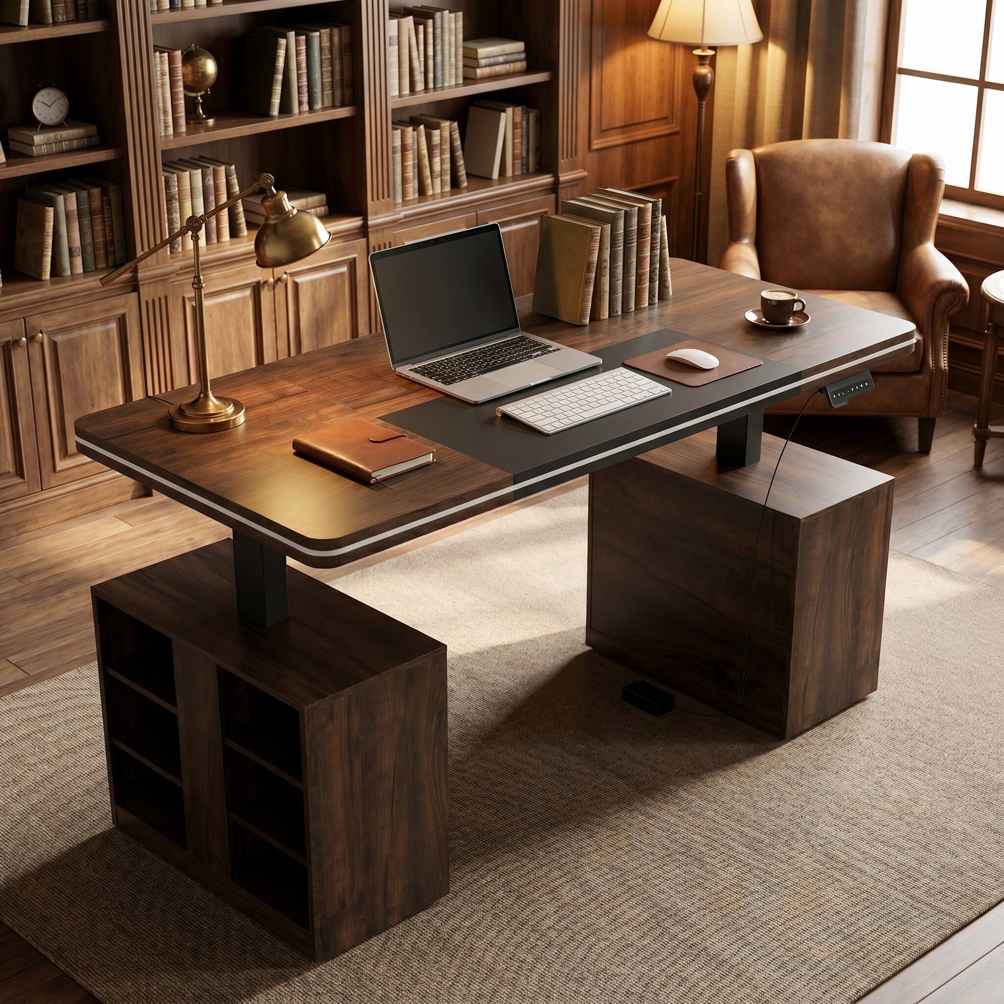 Back. Famapy - Electric Height Adjustable Desk with RGB Light & Dual Storage –Swappable Cabinets,2AC+3USB Outlet,Sit Stand Workstation - Walnut.