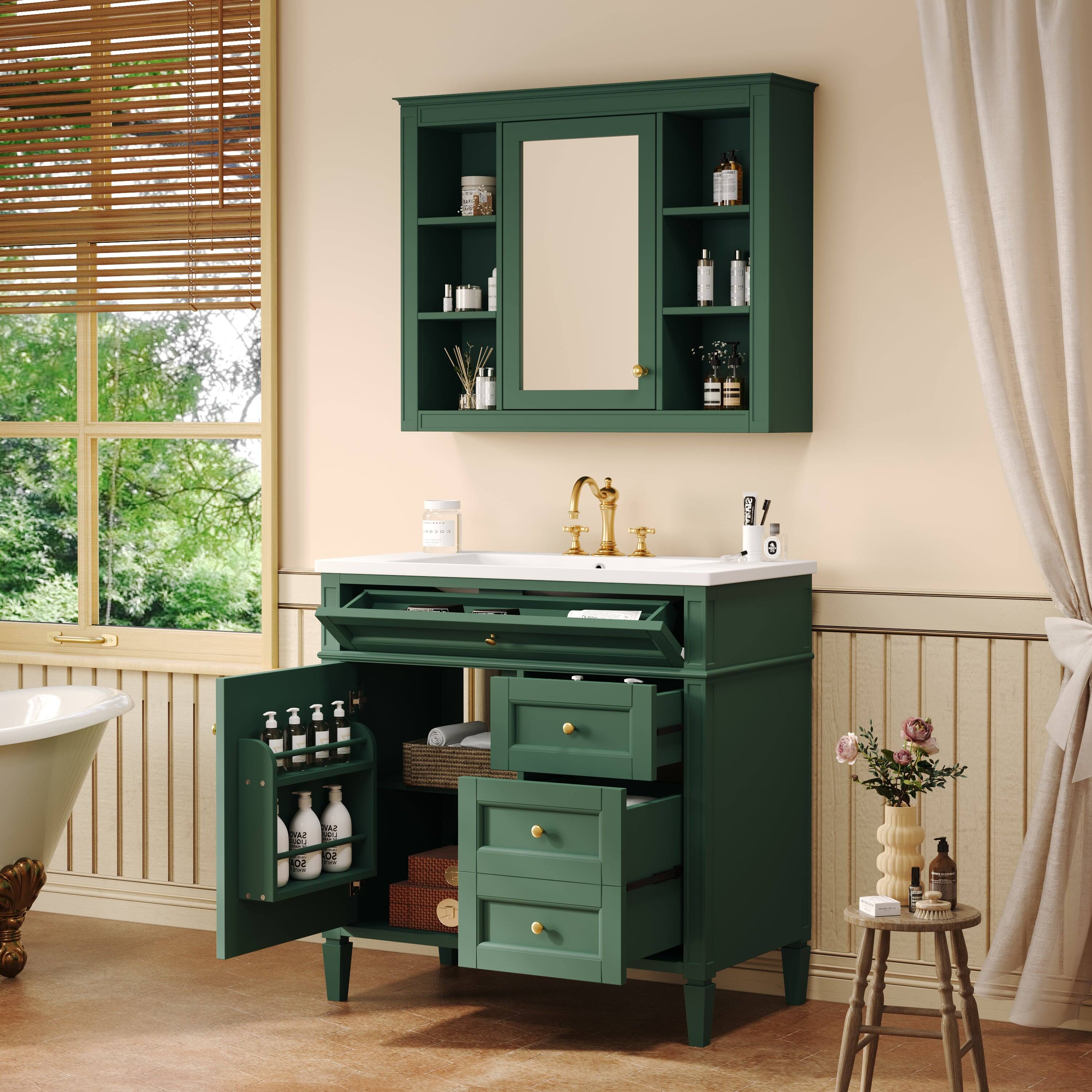 Alt View 2. Boyel Living - 36 Inch Bathroom Vanity Set with Mirror Cabinet Resin Sink 3 Drawers 2 Doors Green - Green.