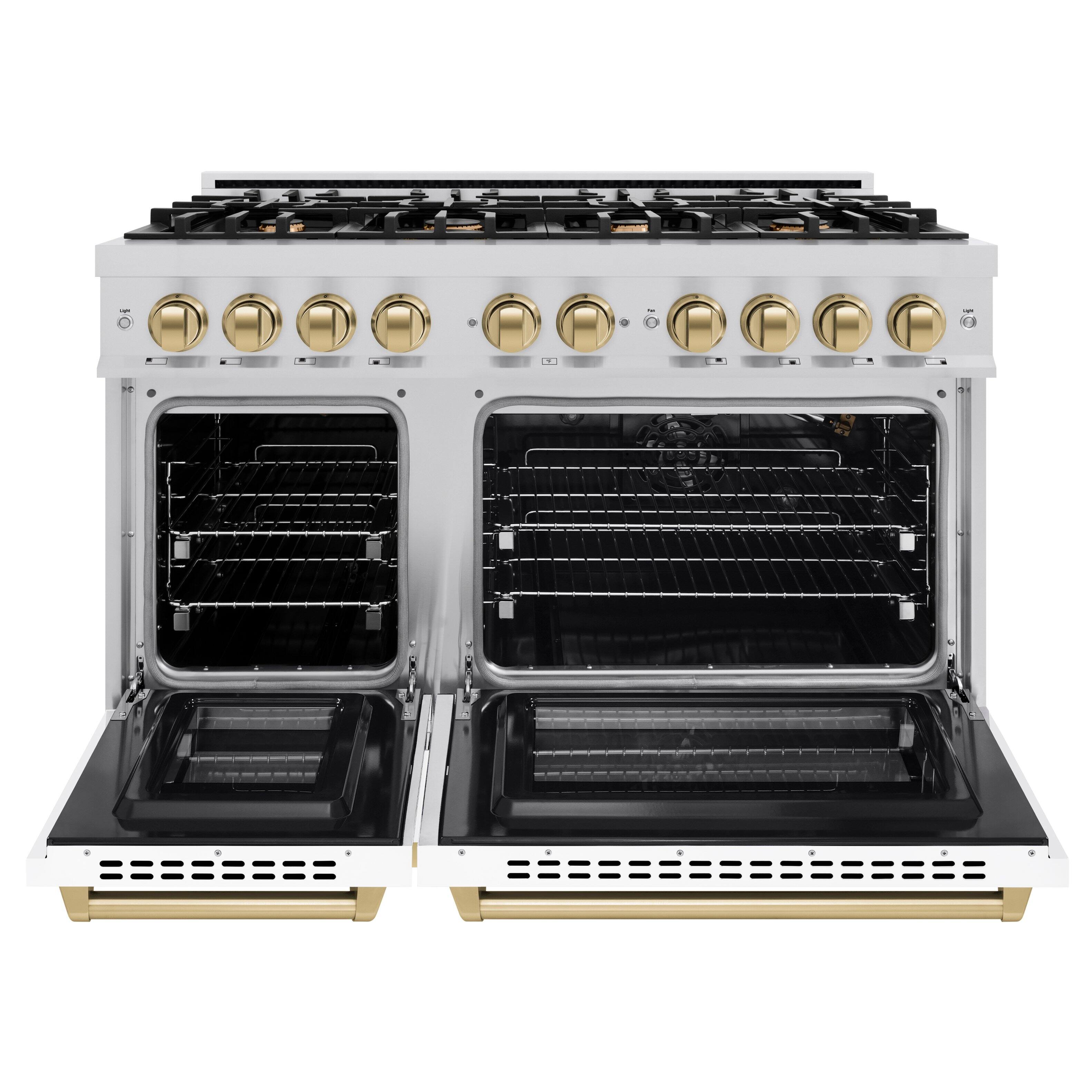 Left. ZLINE - ZLINE 48 in. 6.7 cu. ft. Freestanding Select Gas Range w/ 8 Burners & White Doors w/ Bronze Accents (HGRZ-WM-48-CB) - Stainless Steel.