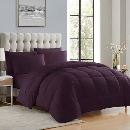 Front. Sweet Home Collection - All Season Reversible Bed-in-A-Bag Solid Color Comforter & Sheet Set, Twin XL - Purple.