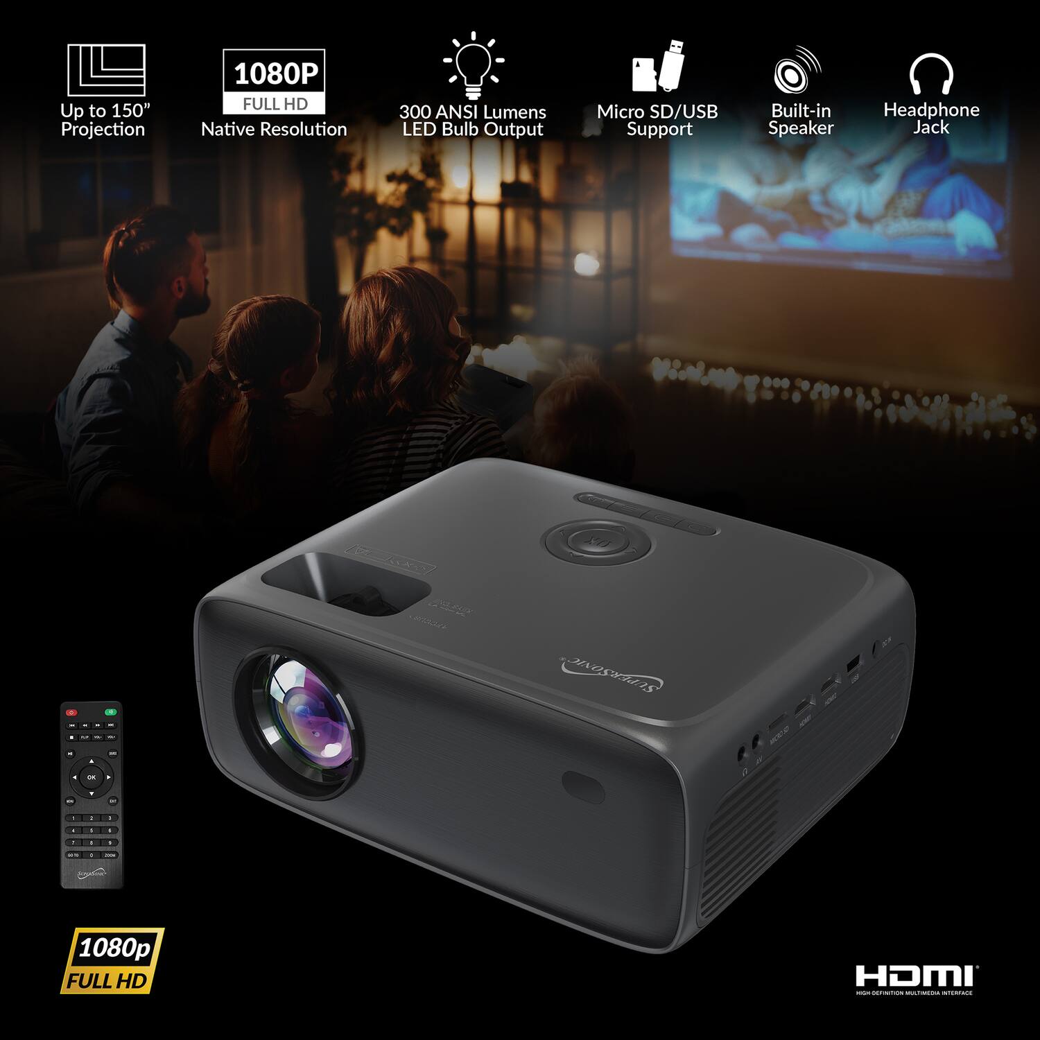 Up to 150" Projection  
1080P FULL HD Native Resolution  
300 ANSI Lumens LED Bulb Output  
Micro SD/USB Support  
Built-in Speaker  
Headphone Jack  

1080p FULL HD HDMI