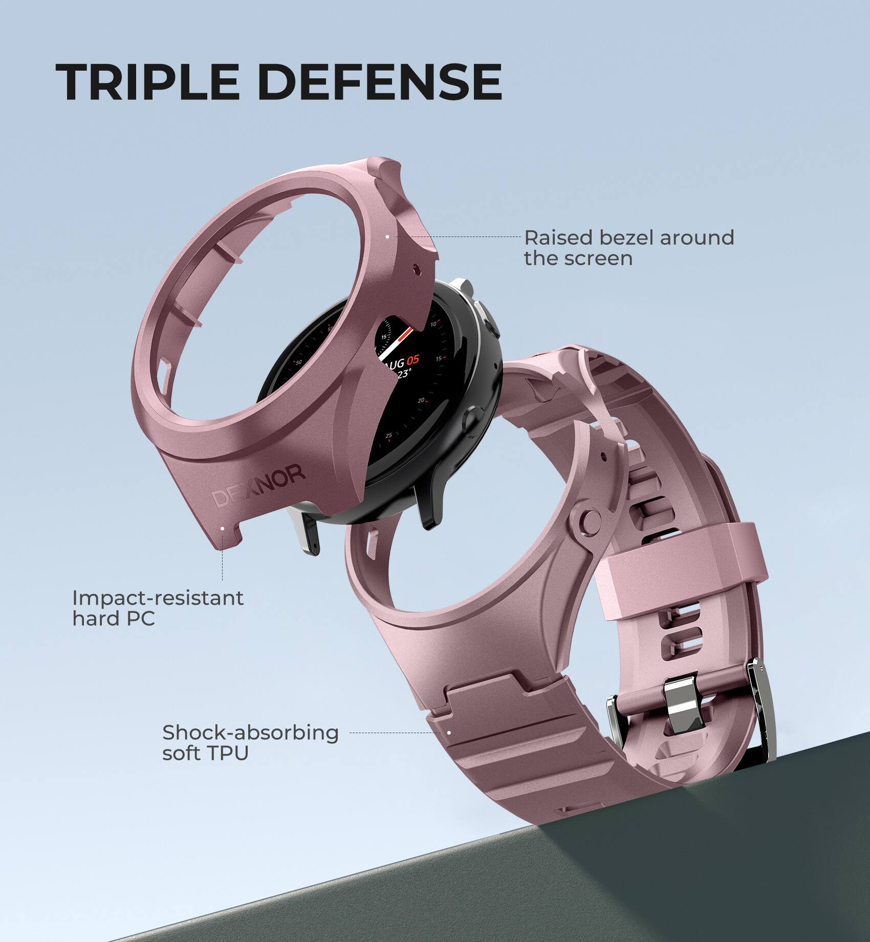 TRIPLE DEFENSE

Raised bezel around the screen

Impact-resistant hard PC

Shock-absorbing soft TPU