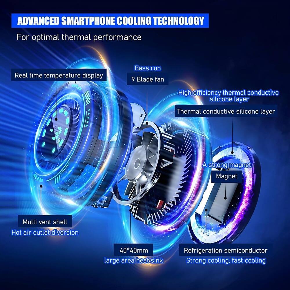 ADVANCED SMARTPHONE COOLING TECHNOLOGY

For optimal thermal performance

- Real time temperature display
- Bass run 9 Blade fan
- High efficiency thermal conductive silicone layer
- Thermal conductive silicone layer
- A strong magnet
- Multi vent shell
- Hot air outlet diversion
- 40*40mm large area heat sink
- Refrigeration semiconductor
- Strong cooling, fast cooling