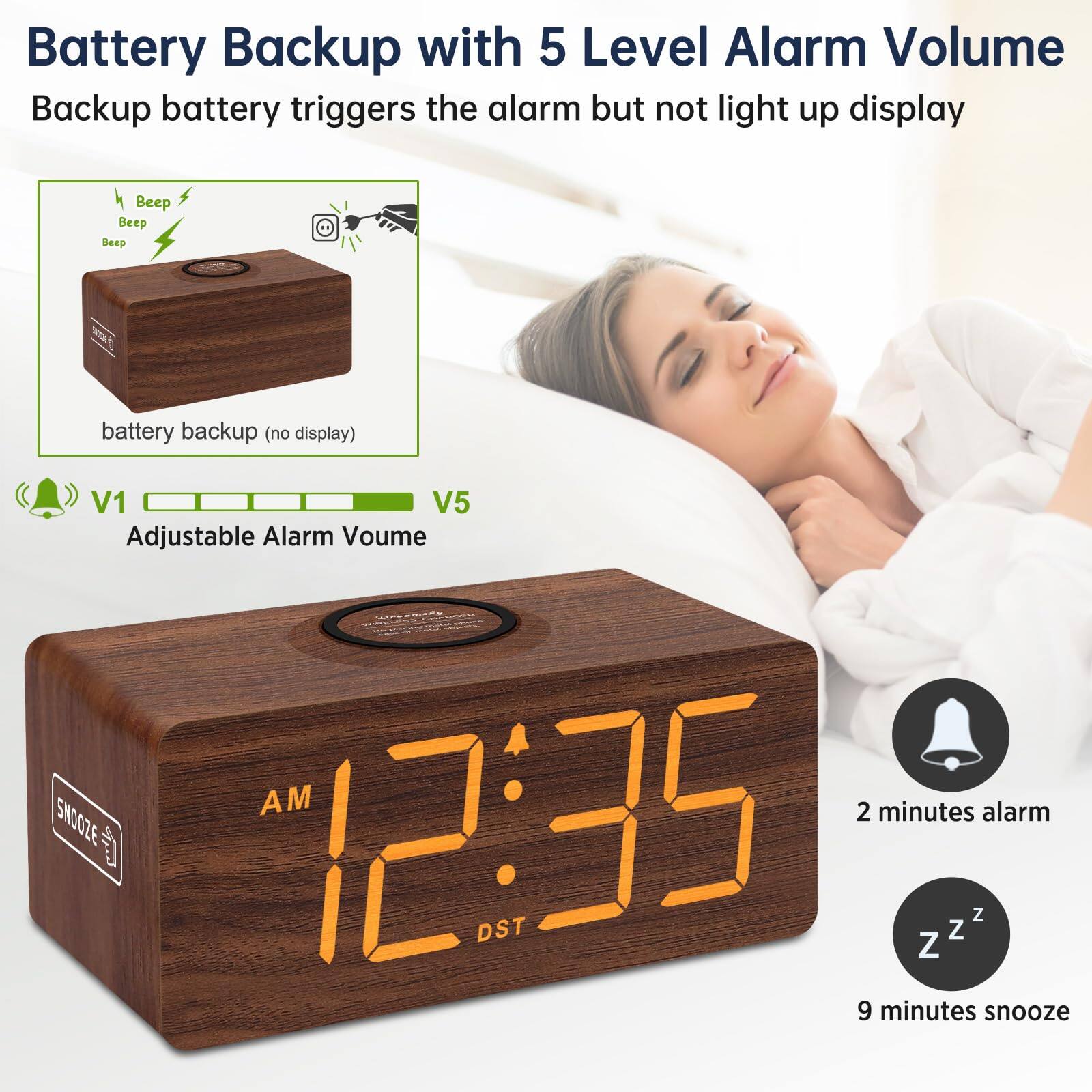 Battery Backup with 5 Level Alarm Volume  
Backup battery triggers the alarm but not light up display  

battery backup (no display)  

Adjustable Alarm Volume  
V1 V5  

2 minutes alarm  

9 minutes snooze  

AM 12:35  
DST