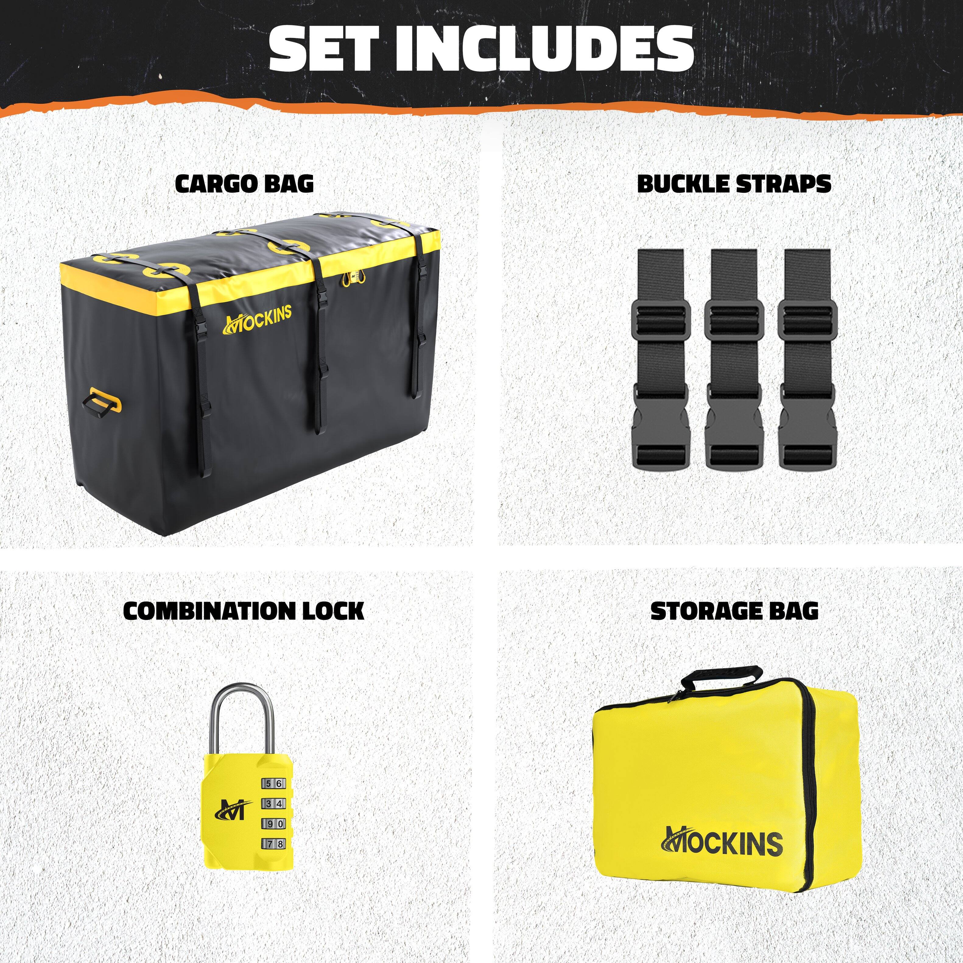 SET INCLUDES

CARGO BAG

BUCKLE STRAPS

COMBINATION LOCK

STORAGE BAG