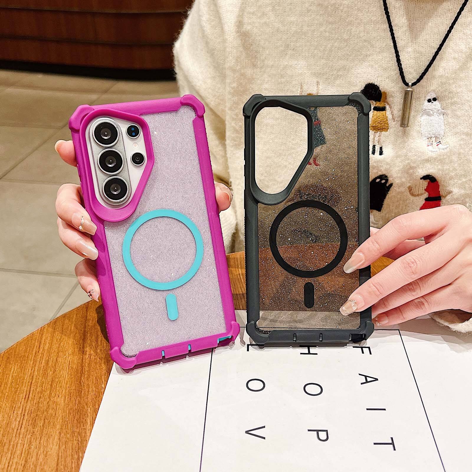 Back. UUCOVER - For Samsung Galaxy S26 Ultra Magnetic Case Compatible with Magsafe Detachable 2 in1 Shockproof Frame Glitter Clear Cover - Rosegold.