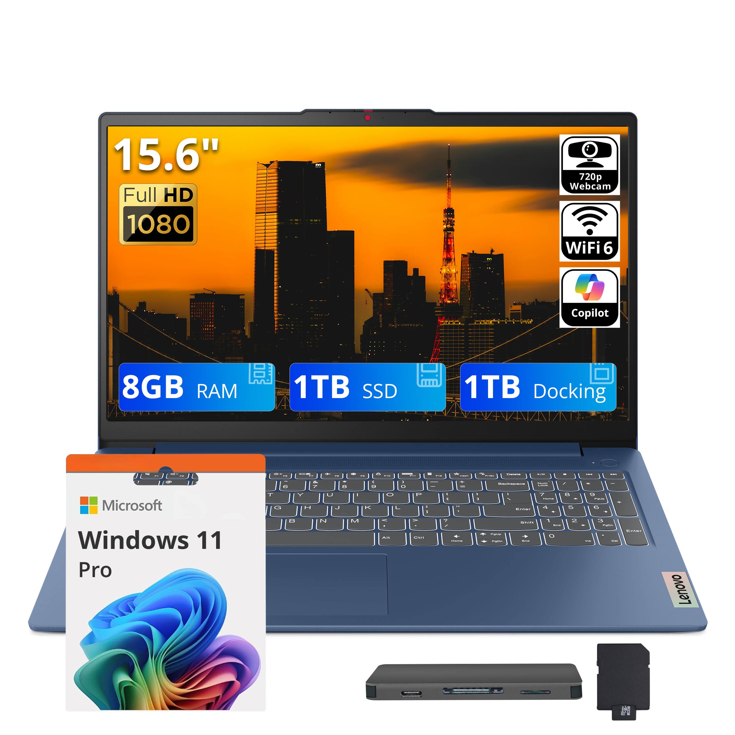 15.6" Full HD 1080p  
720p Webcam  
WiFi 6  
Copilot  
8GB RAM  
1TB SSD  
1TB Docking  
Microsoft Windows 11 Pro  
Lenovo