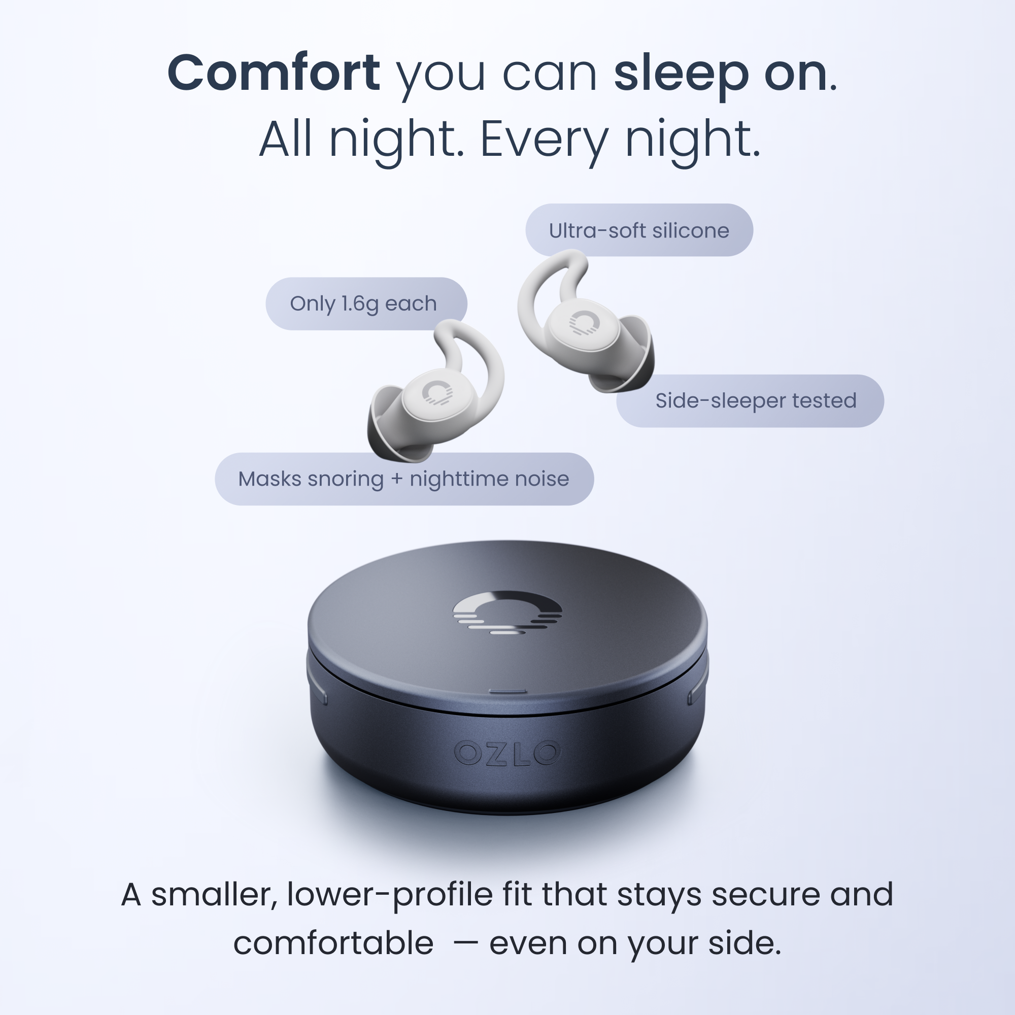 Comfort you can sleep on. All night. Every night.  
Ultra-soft silicone  
Only 1.6g each  
Side-sleeper tested  
Masks snoring + nighttime noise  
OZLO  
A smaller, lower-profile fit that stays secure and comfortable — even on your side.
