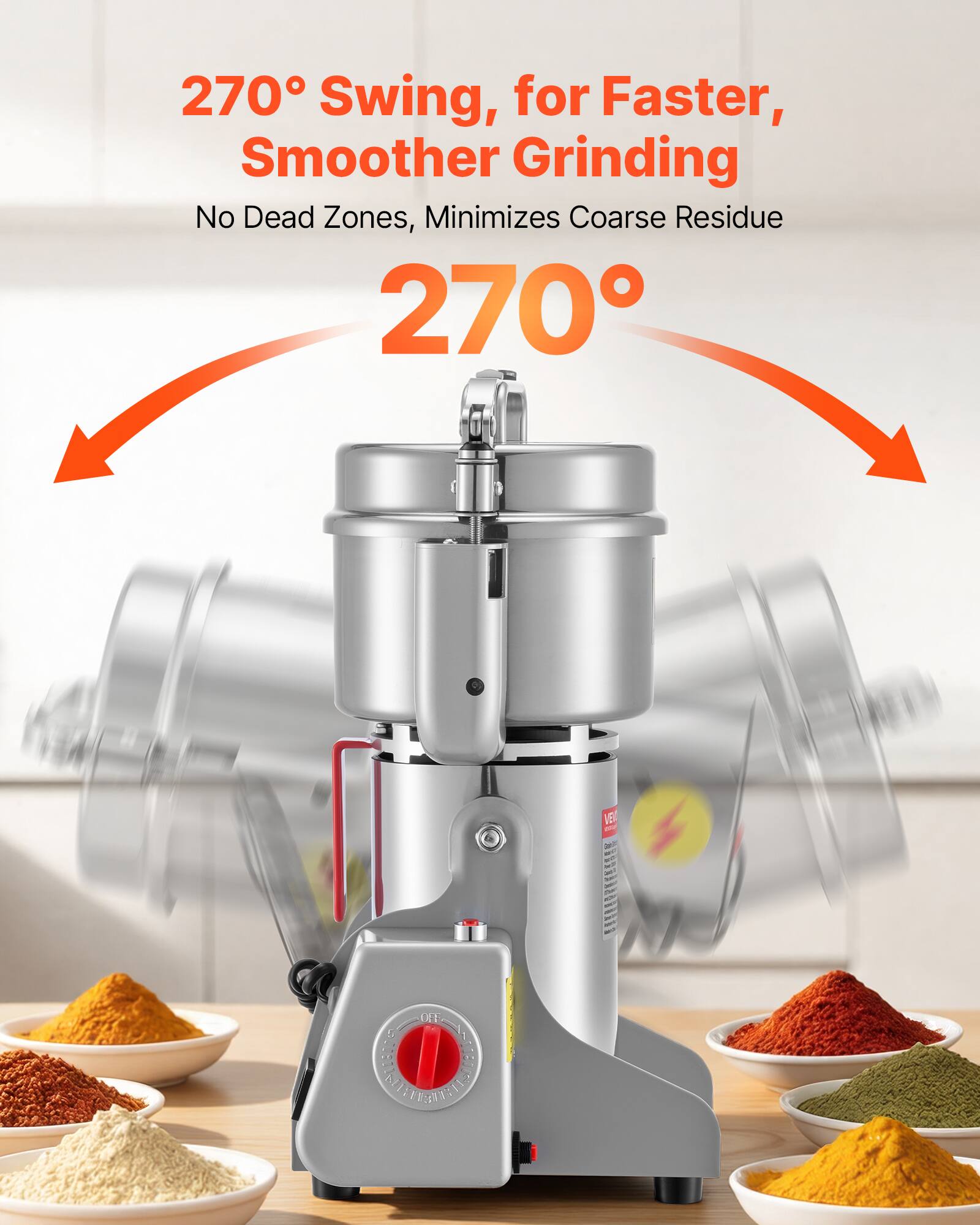 270° Swing, for Faster, Smoother Grinding  
No Dead Zones, Minimizes Coarse Residue  
270°