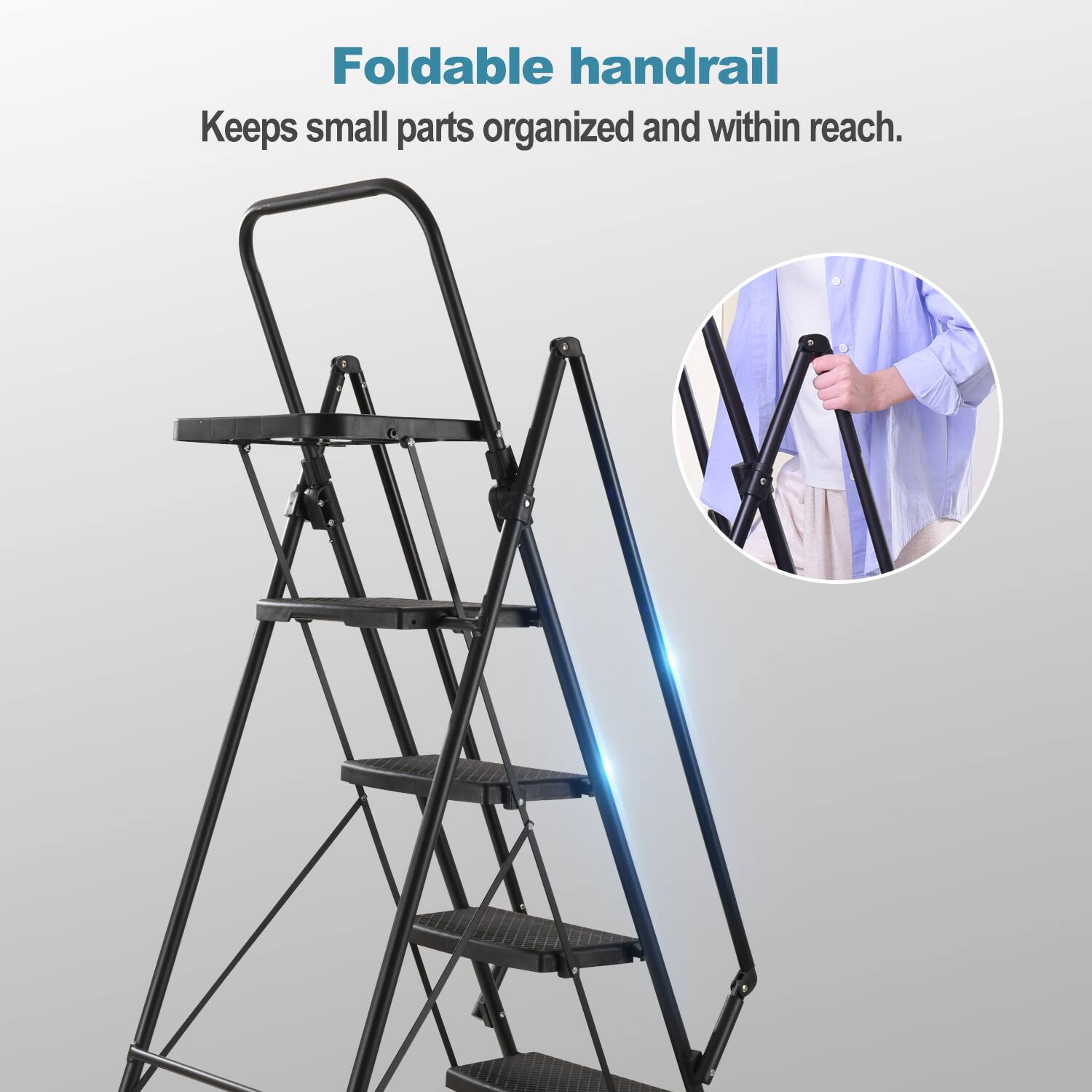 Foldable handrail  
Keeps small parts organized and within reach.