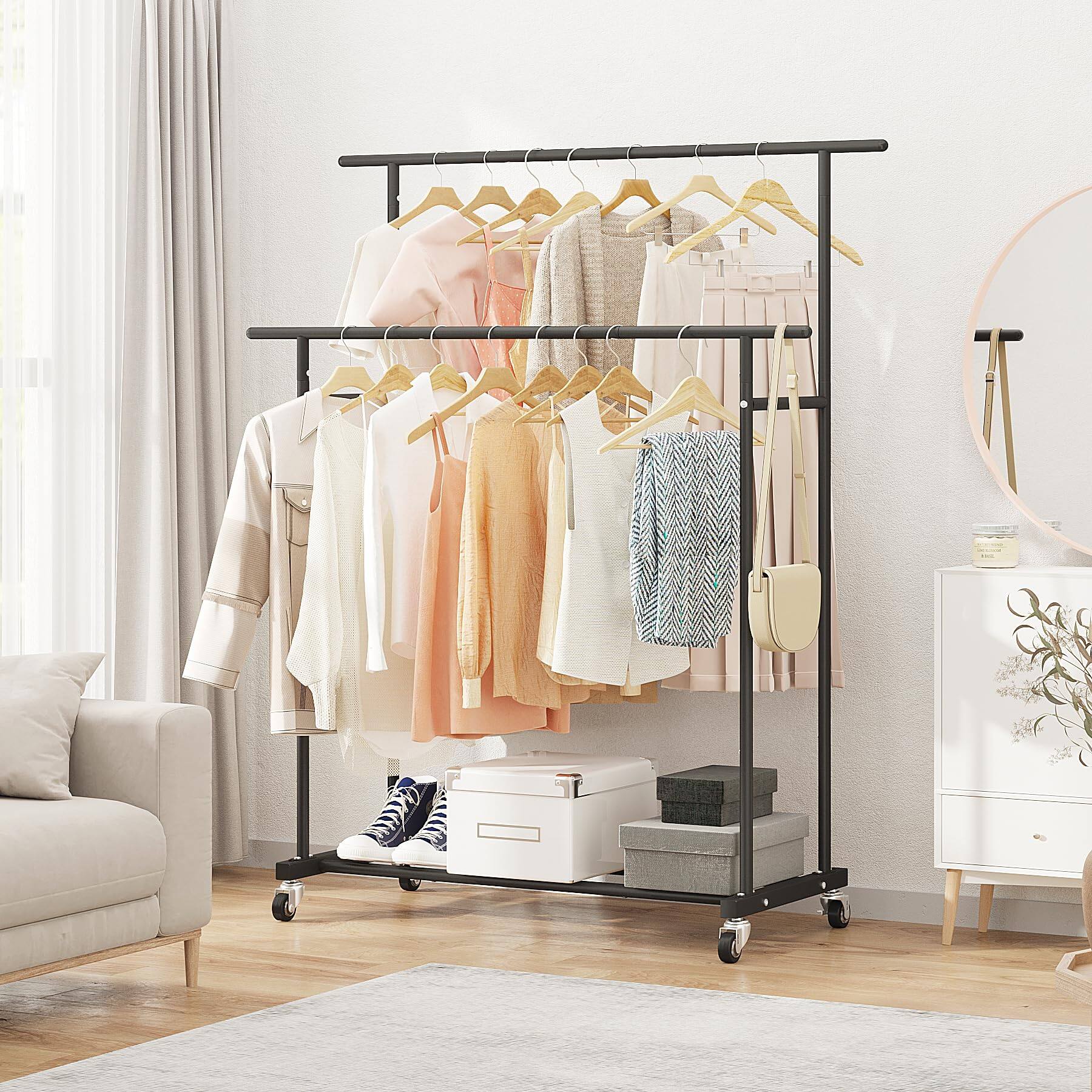 Alt View 4. ThinkLink Electronic - Double Rod Clothing Garment Rack Rolling Hanging Clothes Portable Organizer For Bedroom Living Room Store - White.