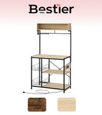 Alt View 4. Bestier - 5-Tier Bakers Rack with Power Outlet, Microwave Stand & Coffee Bar with 10 Hooks - Light Oak.