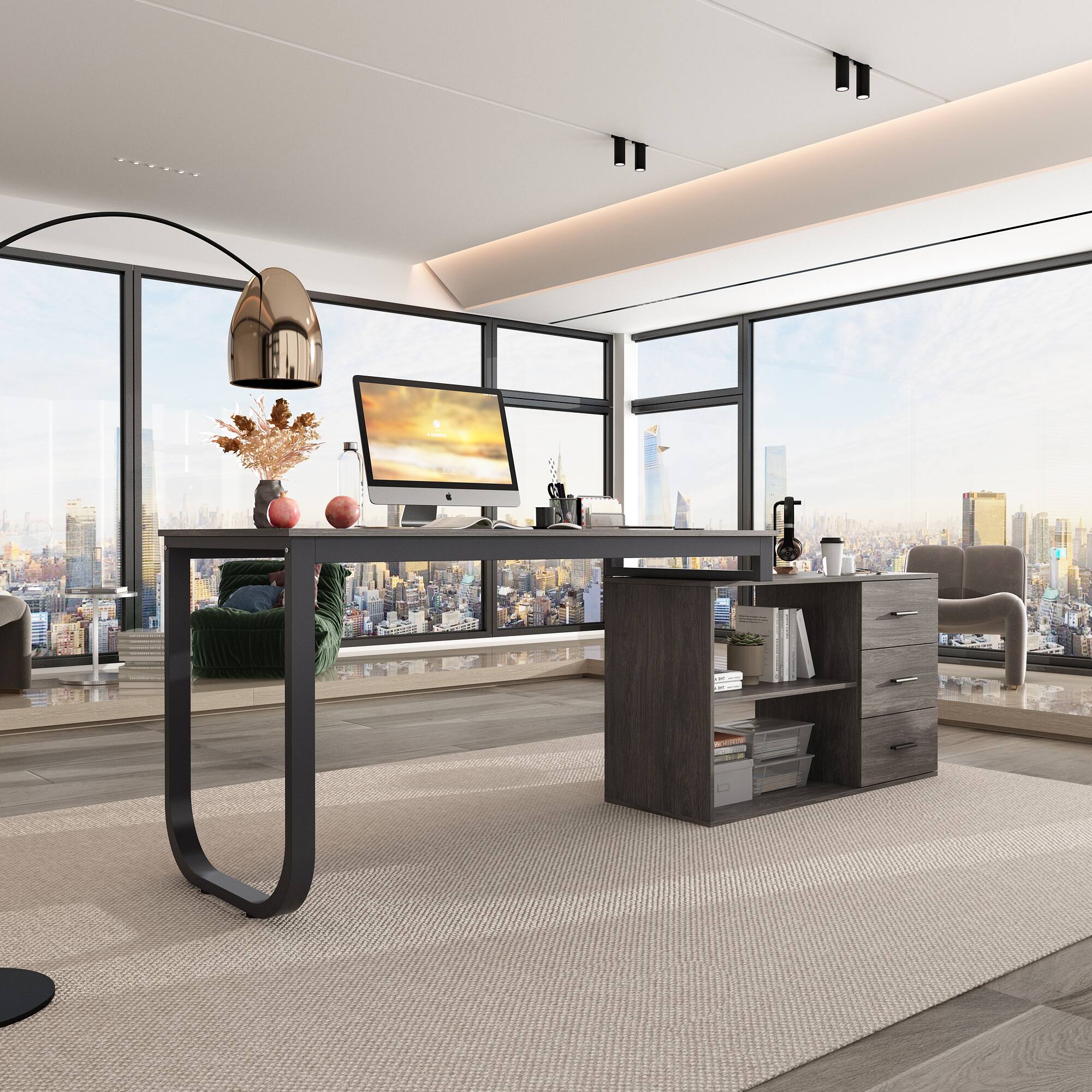 Alt View 7. FUFU & GAGA - FUFU&GAGA L - Shaped Office Desk with Storage - Modern Workstation for Home & Office - Gray.