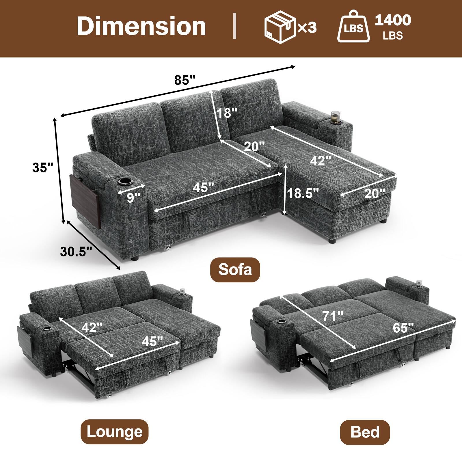 Angle. Dyonery - Dyonery 85 "Modular sofa, adjustable backrest, with storage, tool-free assembly, Chenille grey - Grey.