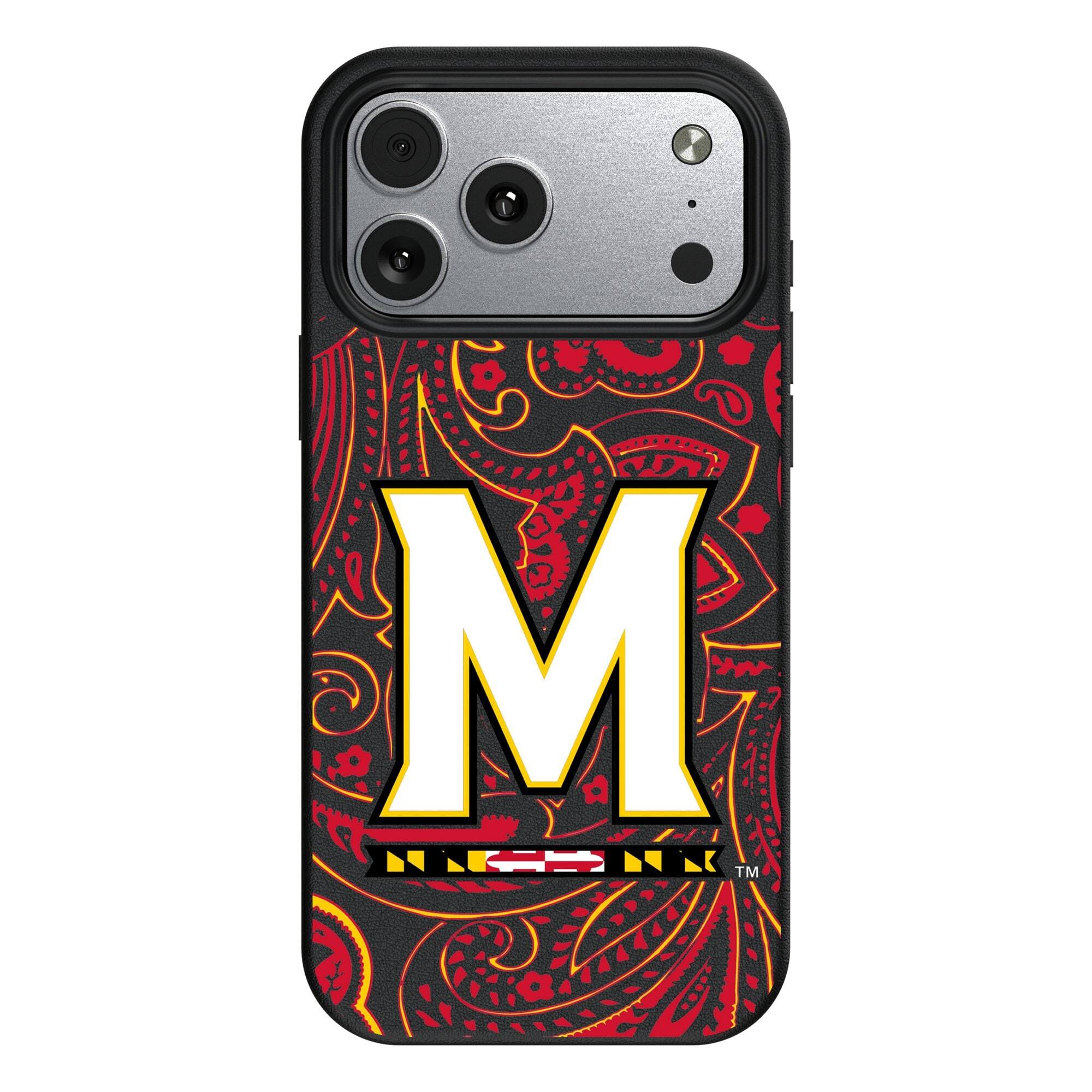 Front. Keyscaper - Maryland Terrapins Paisley iPhone Magnetic Bump Case - 15 Pro - Black.