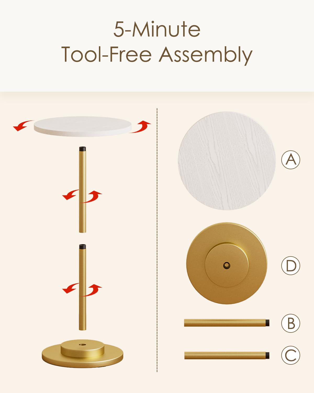 5-Minute Tool-Free Assembly

A  
B  
C  
D