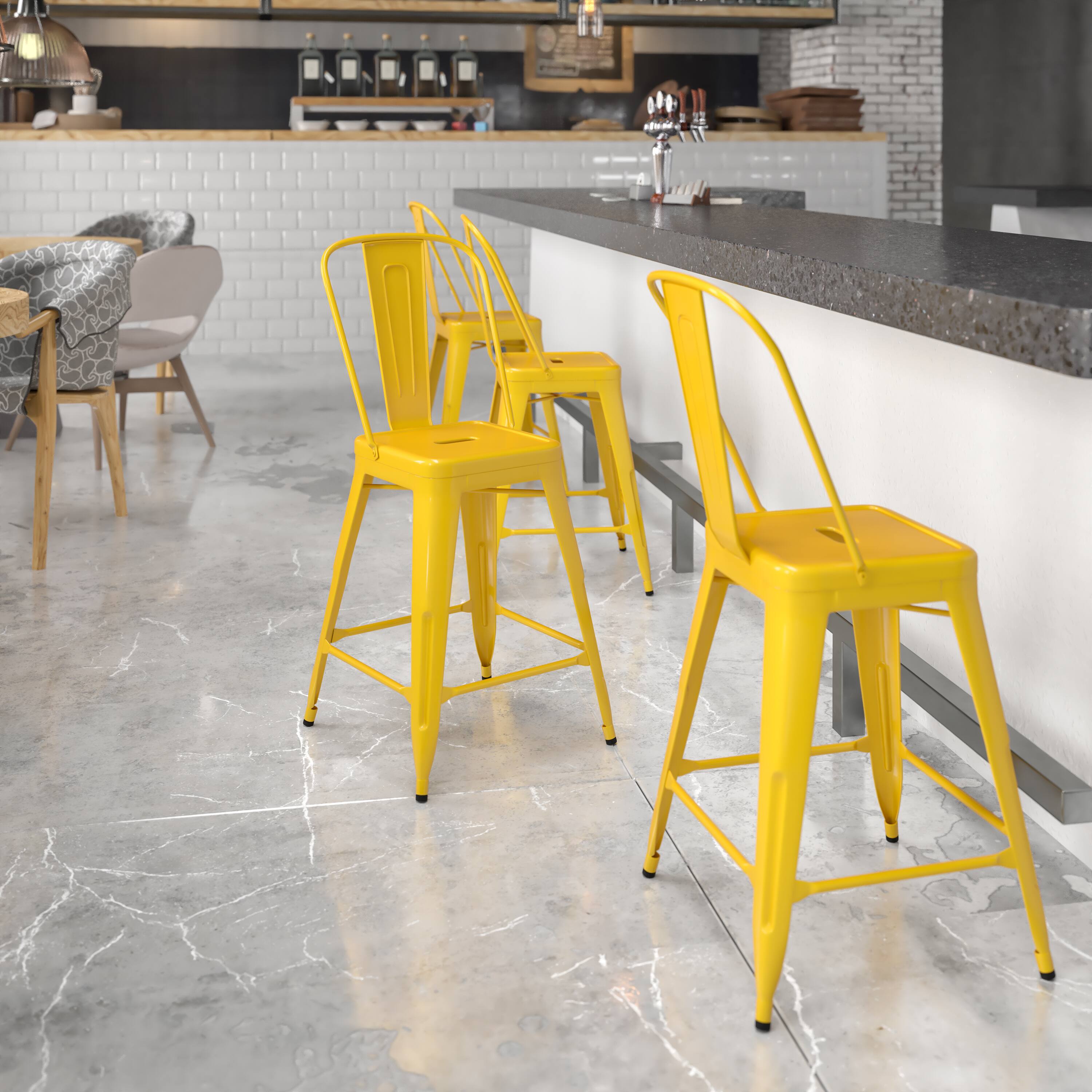 Alt View 1. Emma + Oliver - Commercial Grade 24"H Colorful Metal Indoor-Outdoor Counter Stool with Back - Yellow.