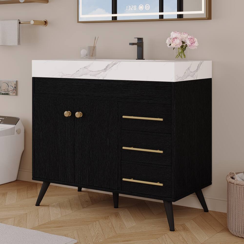 Alt View 2. Loheer - Loheer 36 inch freestanding bathroom vanity with integrated ceramic sink and faux marble top - Black, White.