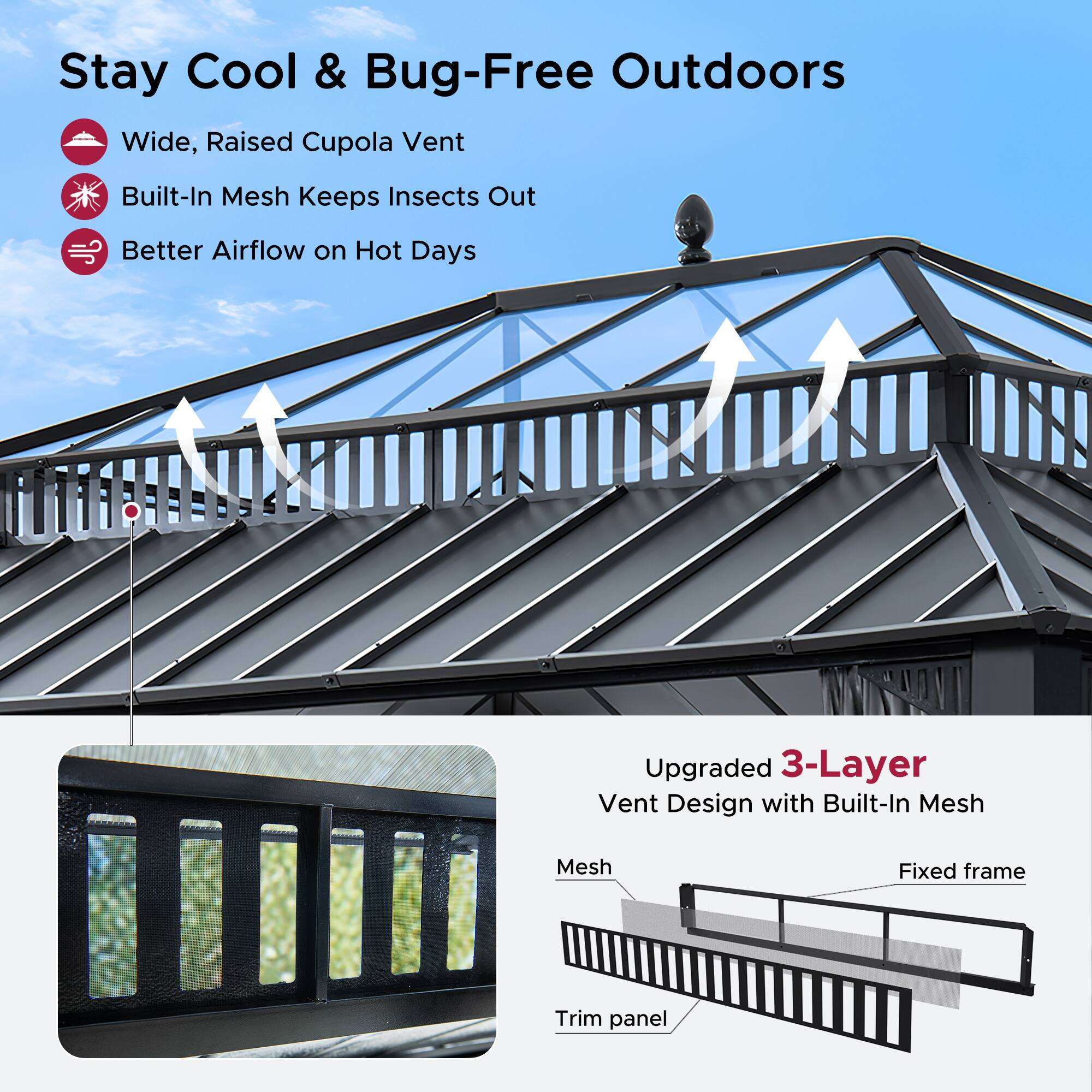 Stay Cool & Bug-Free Outdoors

- Wide, Raised Cupola Vent
- Built-In Mesh Keeps Insects Out
- Better Airflow on Hot Days

Upgraded 3-Layer Vent Design with Built-In Mesh

- Mesh
- Fixed frame
- Trim panel