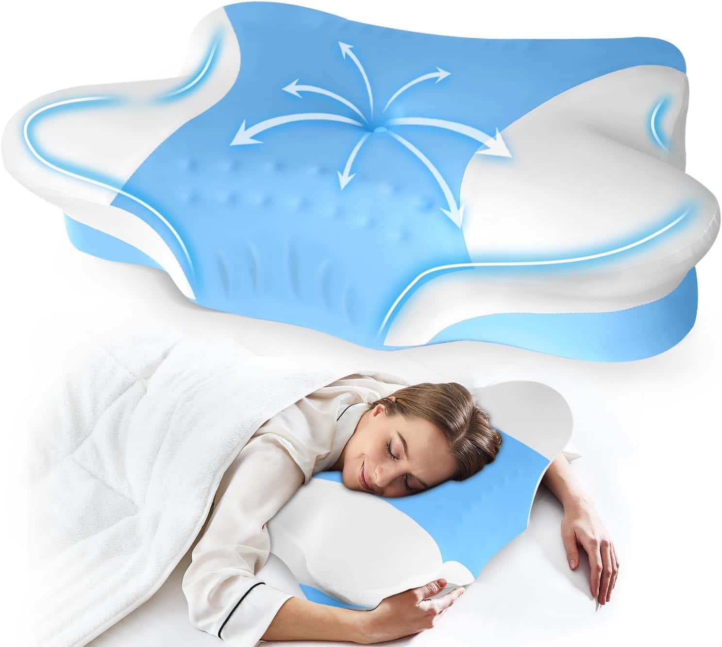 FINEAK - Ergonomic Memory Foam Neck Pillow for Pain Relief & Support - Blue