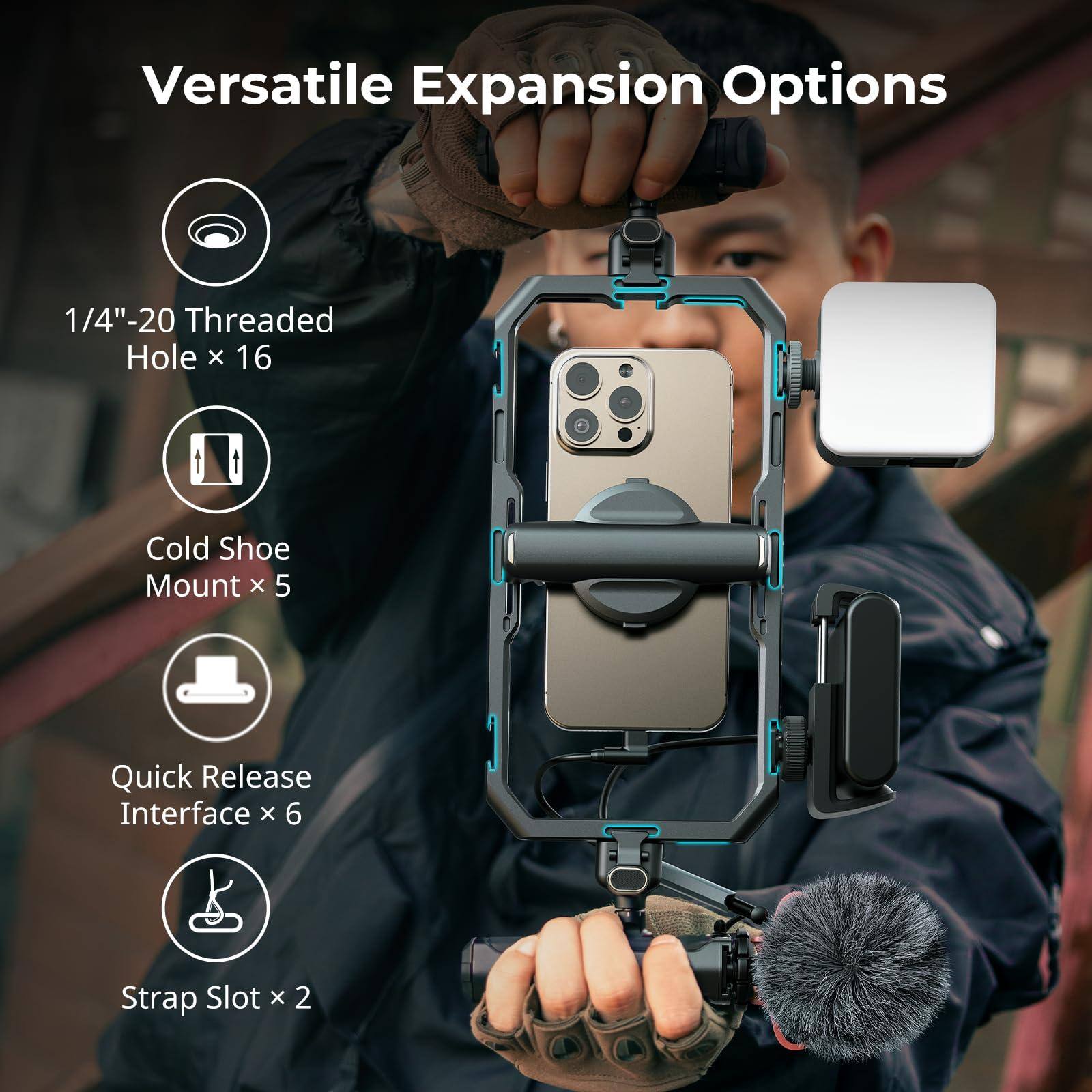 Versatile Expansion Options

- 1/4"-20 Threaded Hole x 16
- Cold Shoe Mount x 5
- Quick Release Interface x 6
- Strap Slot x 2