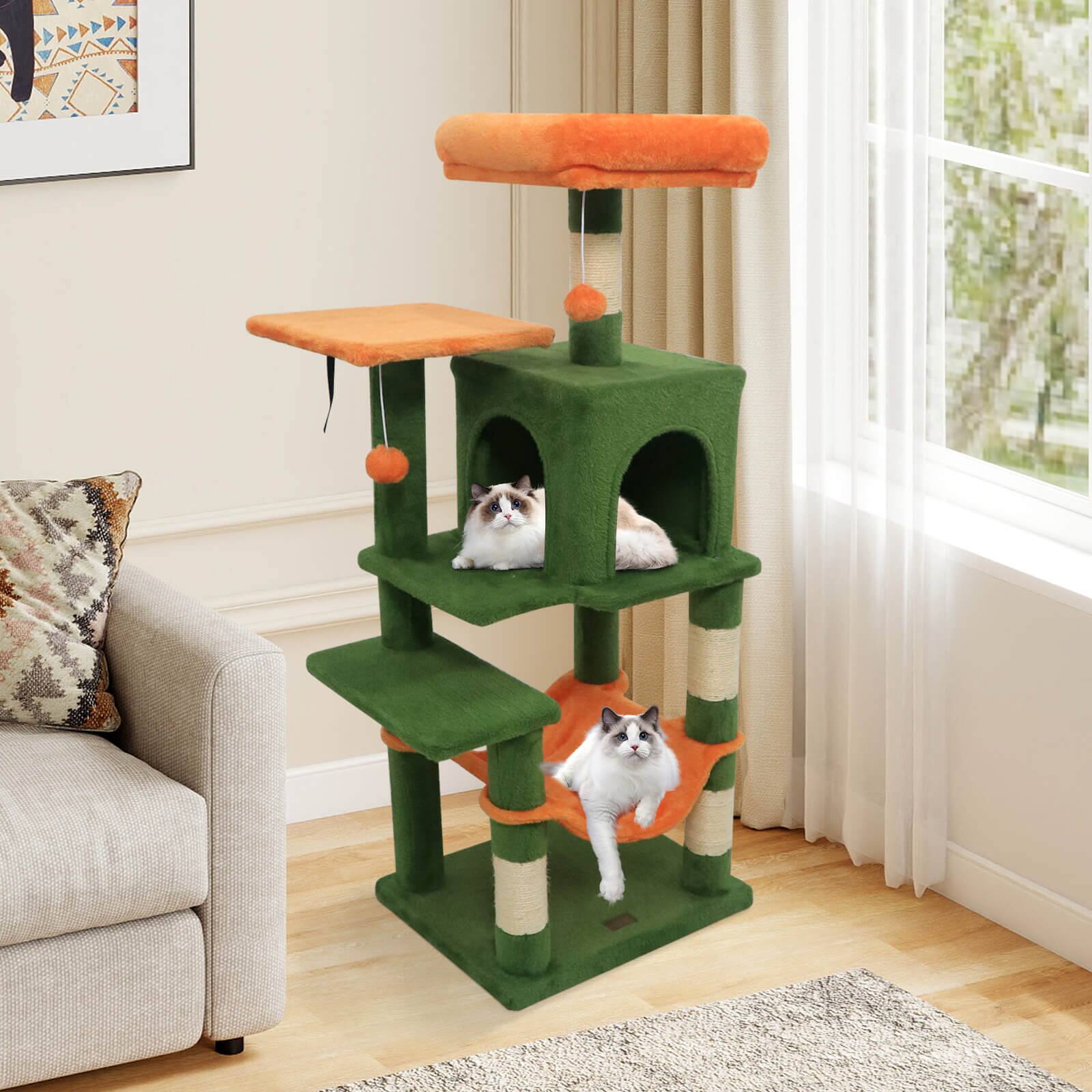 Alt View 3. Costway - Costway 44" Tall Multi-level Cat Tree, Modern Cat Tower with 2-Entrance Large Cat Condo - Green Orange.