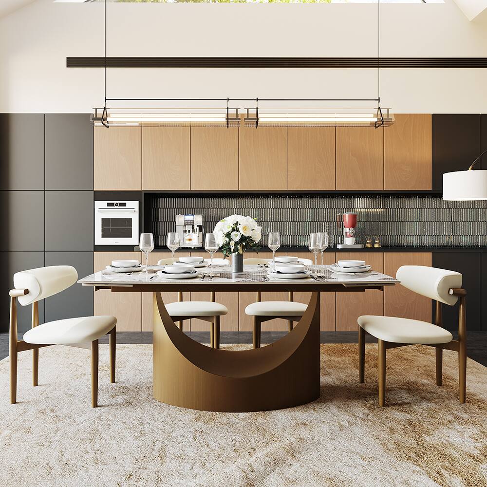 Alt View 8. POVISON - 71"-95"Extendable Modern Gold Dining Table for 6-10, Rectangular Glossy Sintered Stone Tabletop, Bronze Carbon Steel Leg - Pandora Sintered Stone with Bronze.