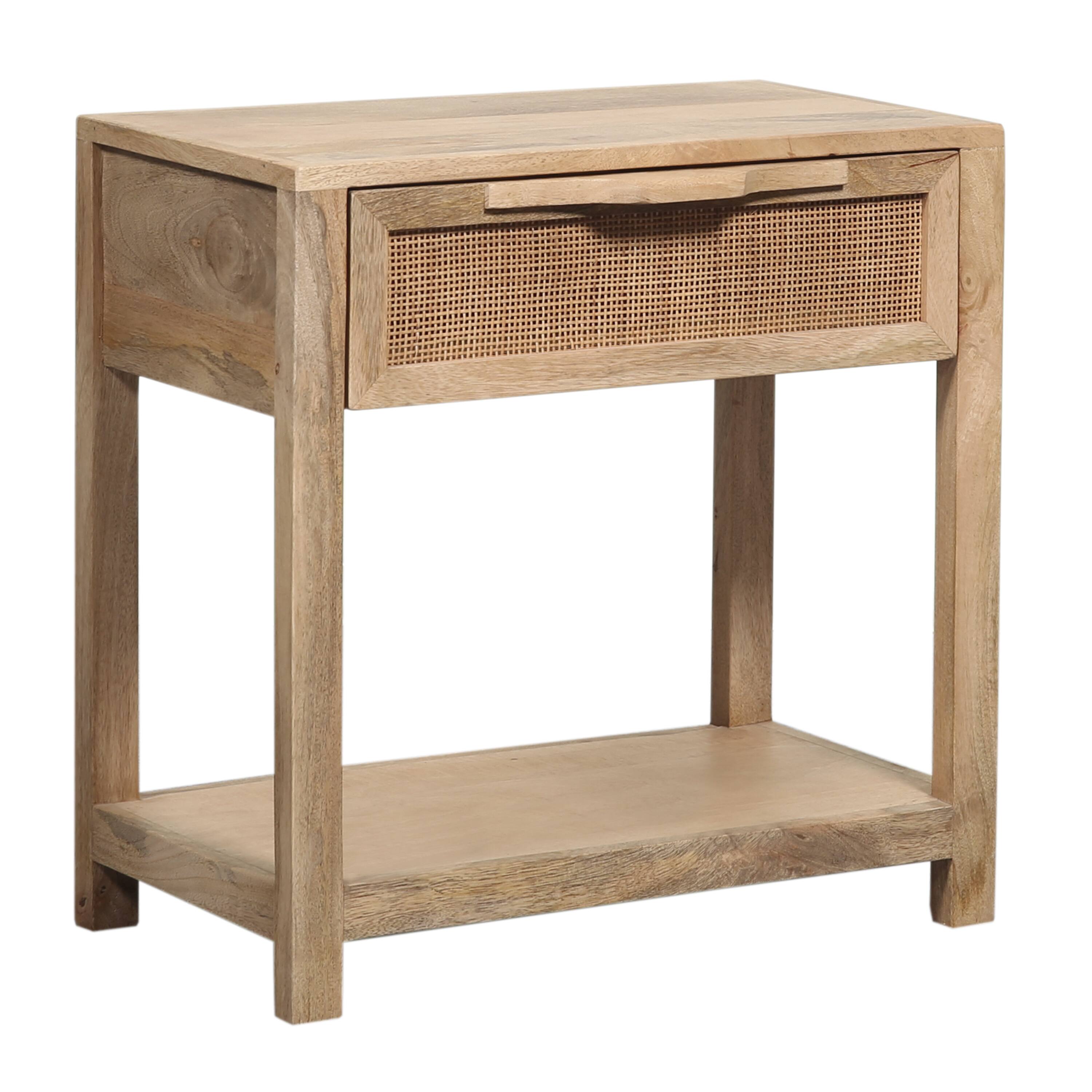 Front. Manhattan Lane - Rosette 22 Inch Accent Side Table, Rattan Front Drawer, Open Shelf, Mango Wood Frame - Brown.