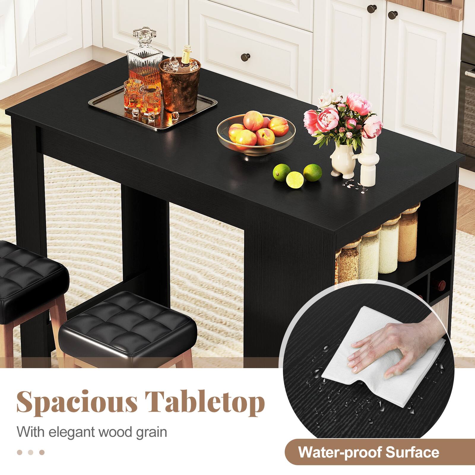 Spacious Tabletop  
With elegant wood grain  

Water-proof Surface