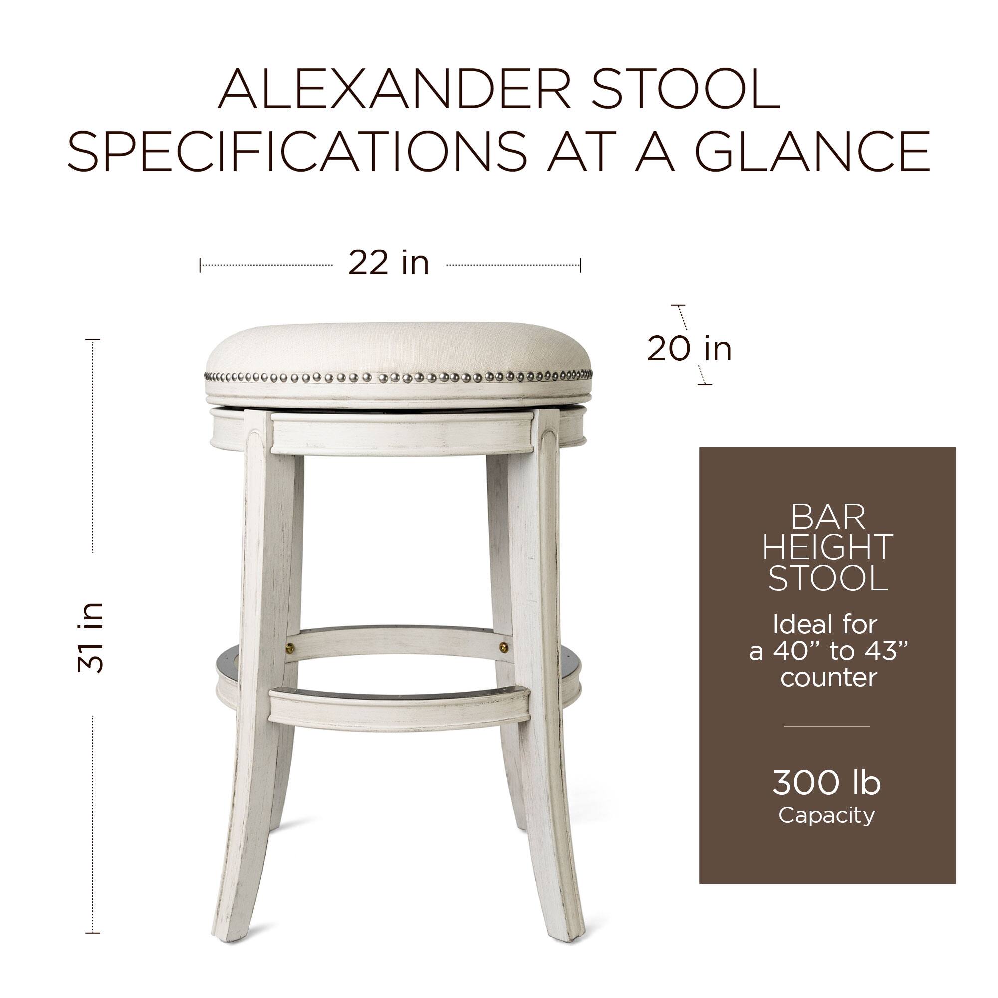 ALEXANDER STOOL SPECIFICATIONS AT A GLANCE

- 22 in
- 20 in
- 31 in

BAR HEIGHT STOOL
Ideal for a 40" to 43" counter

300 lb Capacity