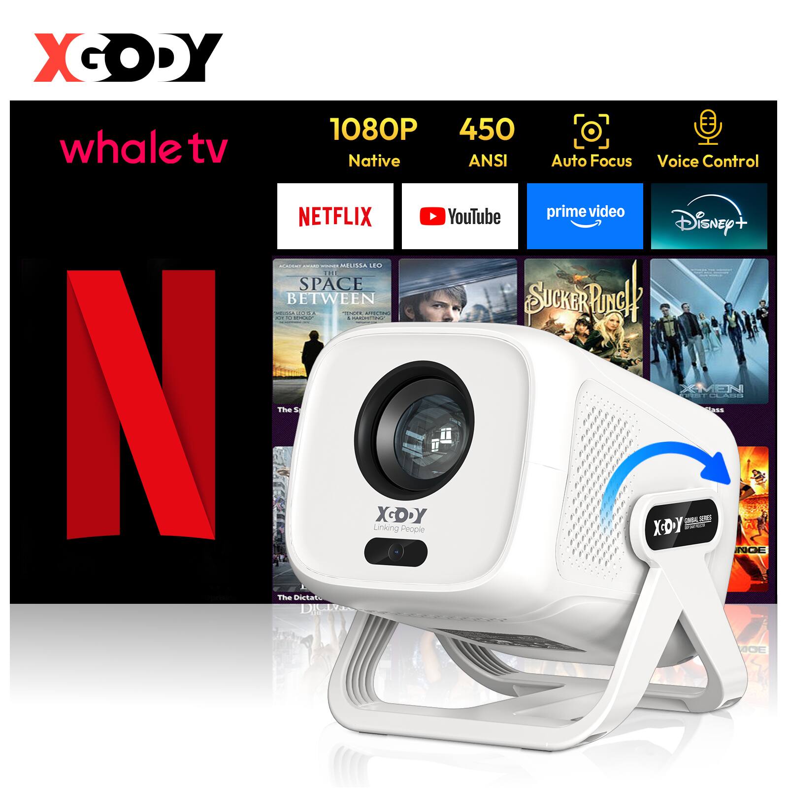 Xgody - N5 Portable Smart Projector Compatible with Netflix 1080P FHD 450ANSI WiFi 6 BT 5.4 Auto Focus Home Theater