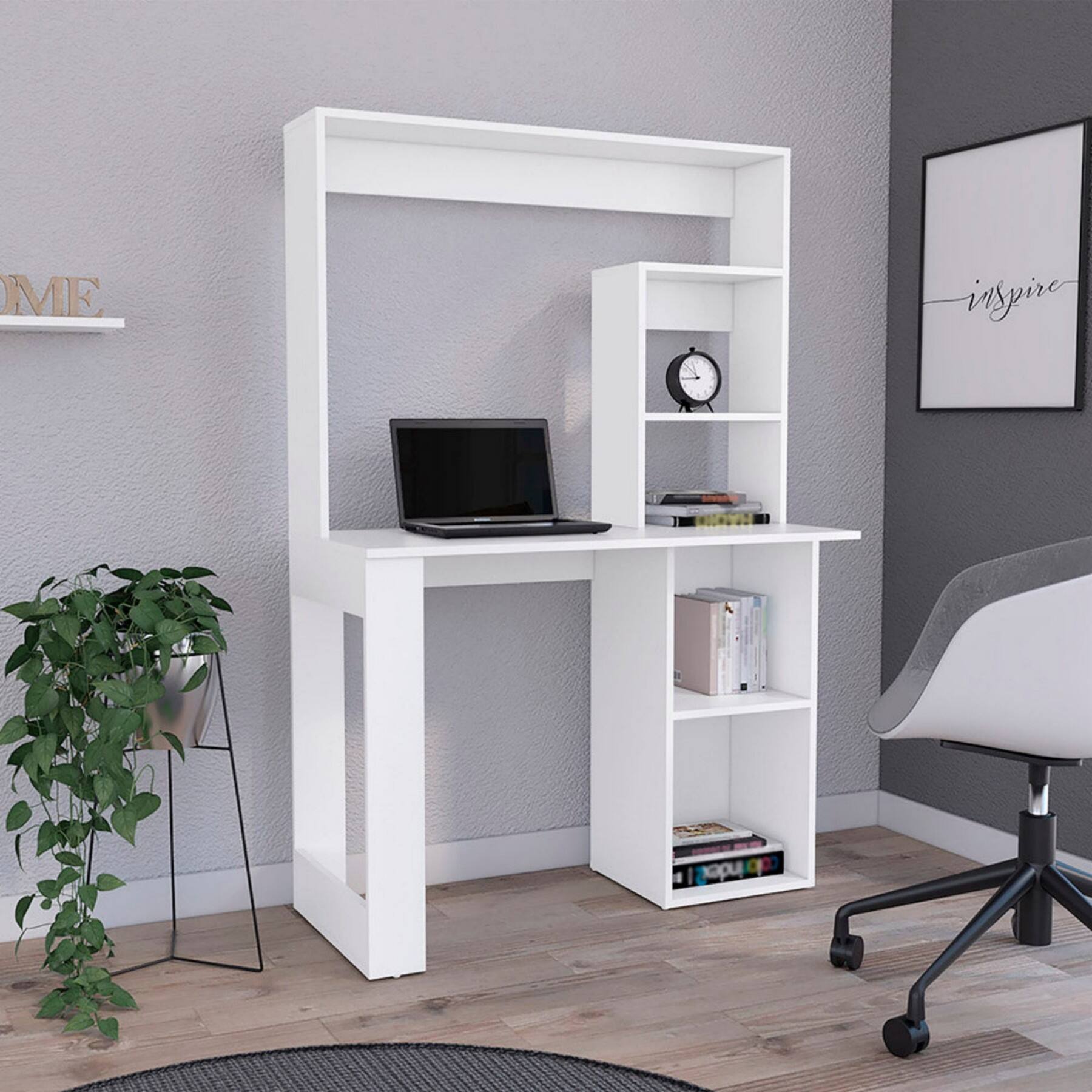 Alt View 7. Glintex - Writing Computer Desk with Hutch, Compact Design for Home Office, Five Storage Shelves for Organization - White.