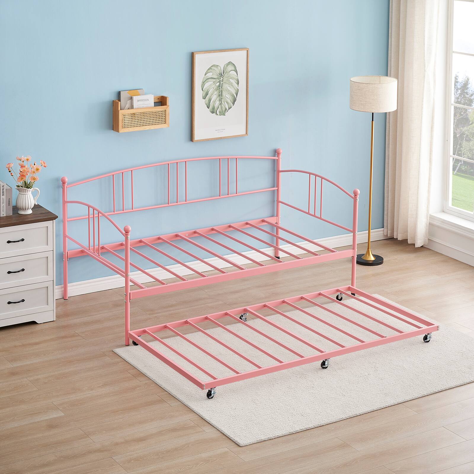Back. Homhougo - Twin Rectangular Twin Metal Daybed with Trundle, Sofa Bed Frame with 6 Casters and Steel Slat Support - Pink.
