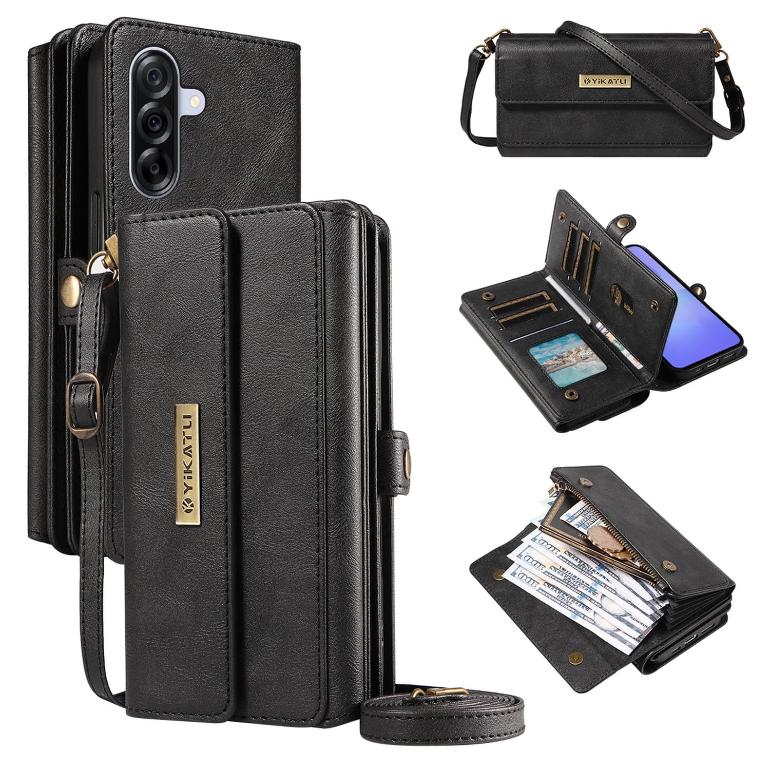 Dteck - Wallet Case for Samsung Galaxy A16 5G, Shockproof PU Leather Flip RFID Blocking Card Slots with Shoulder Strap - Black