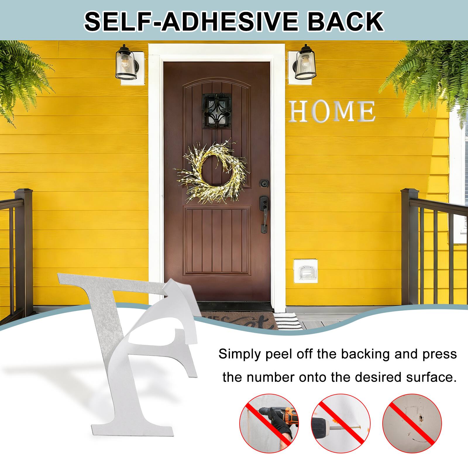 SELF-ADHESIVE BACK HOME

Simply peel off the backing and press the number onto the desired surface.