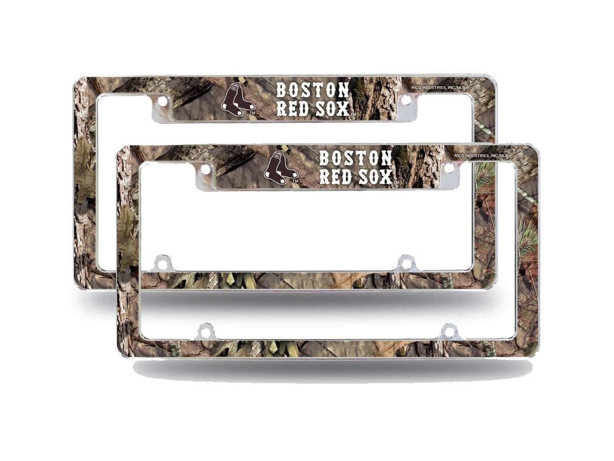 Boston Red Sox Chrome Metal (Set of 2) License Plate Frames with Bold Mossy Oak Camouflaged Camo Design