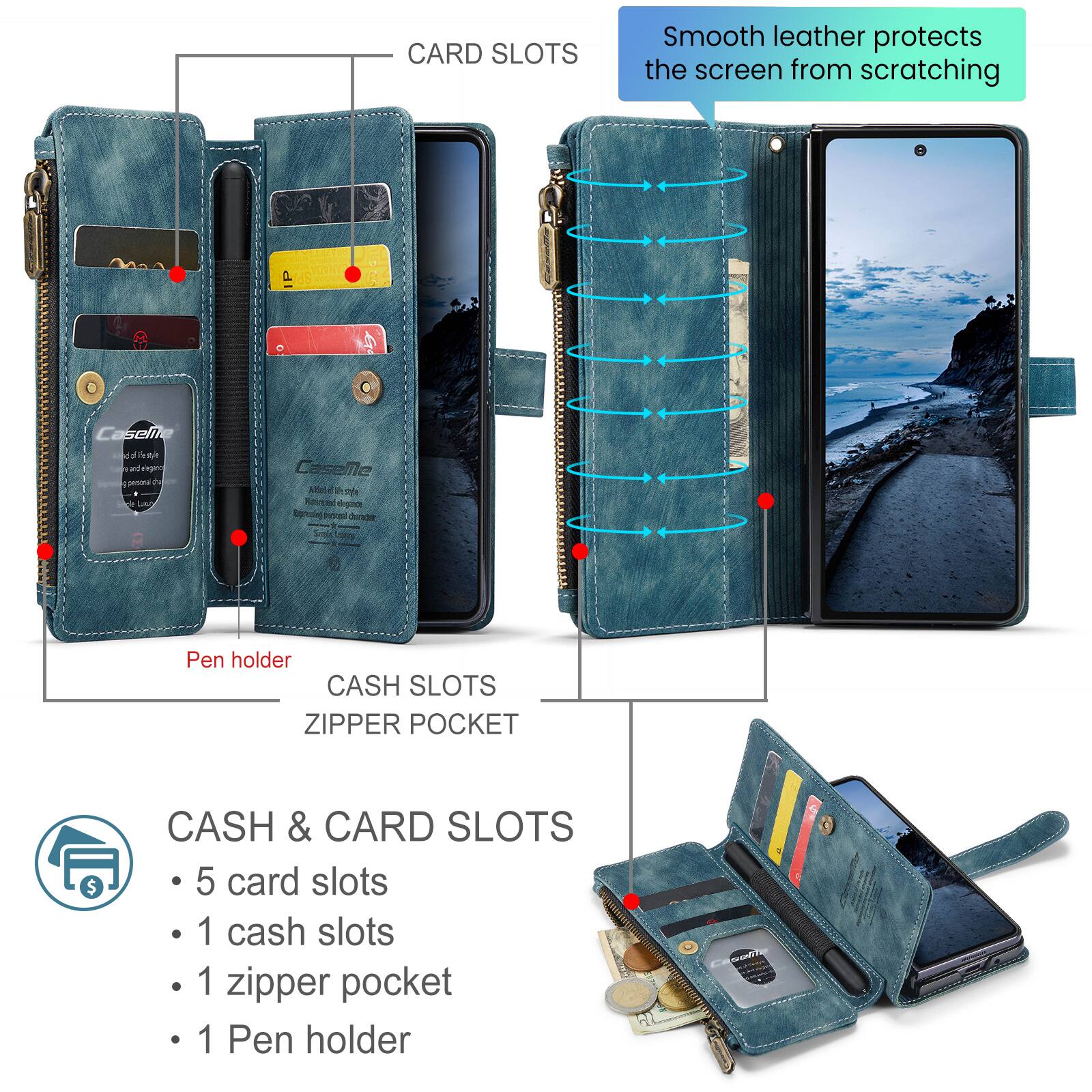 CARD SLOTS

Smooth leather protects the screen from scratching

Pen holder

CASH SLOTS
ZIPPER POCKET

CASH & CARD SLOTS
- 5 card slots
- 1 cash slots
- 1 zipper pocket
- 1 Pen holder