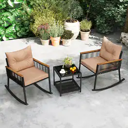 Costway - 3 PCS Outdoor Rocking Bistro Set with 2-Tier Coffee Table, Acacia Wood Armrests - Black+Brown