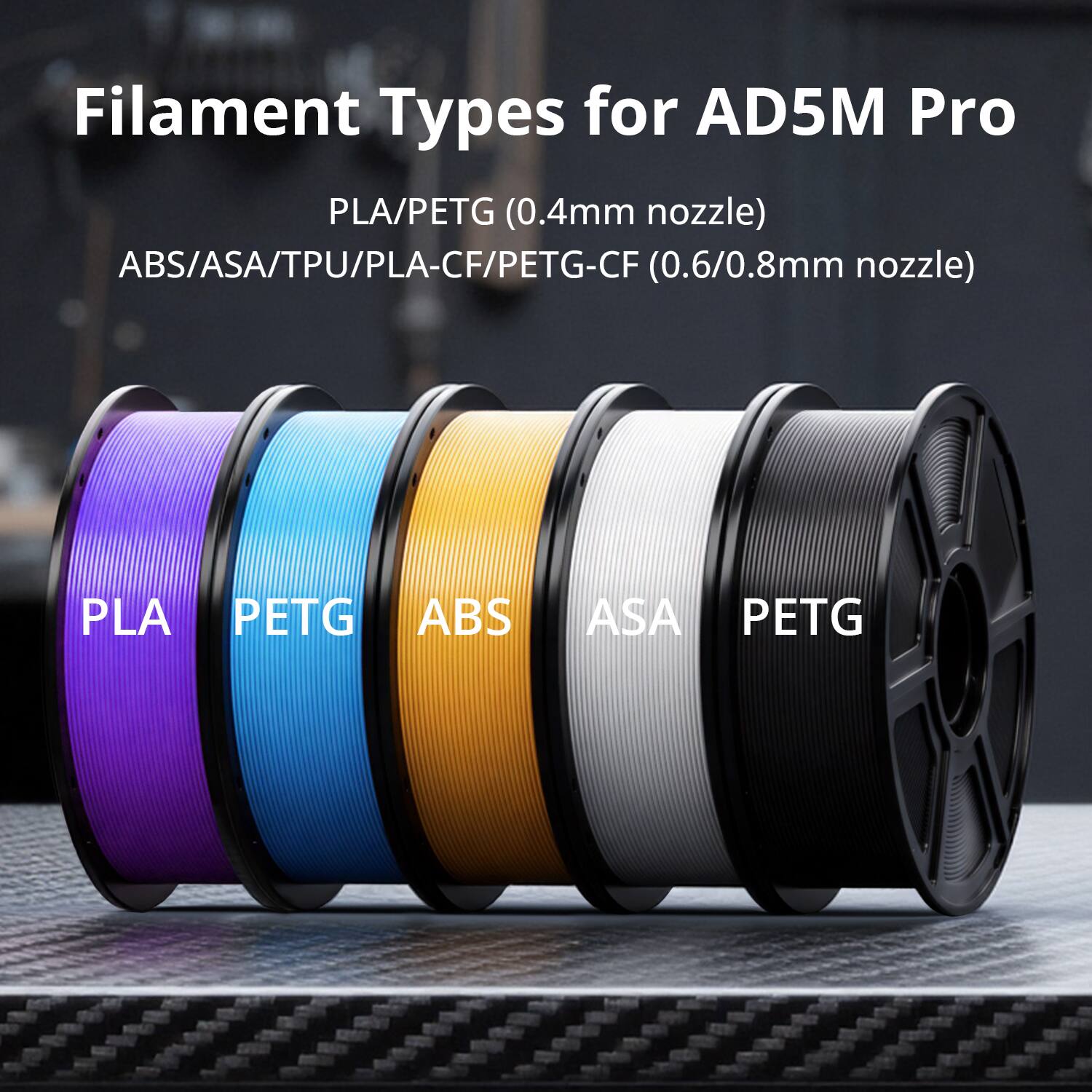 Filament Types for AD5M Pro

PLA/PETG (0.4mm nozzle)

ABS/ASA/TPU/PLA-CF/PETG-CF (0.6/0.8mm nozzle)

PLA PETG ABS ASA PETG