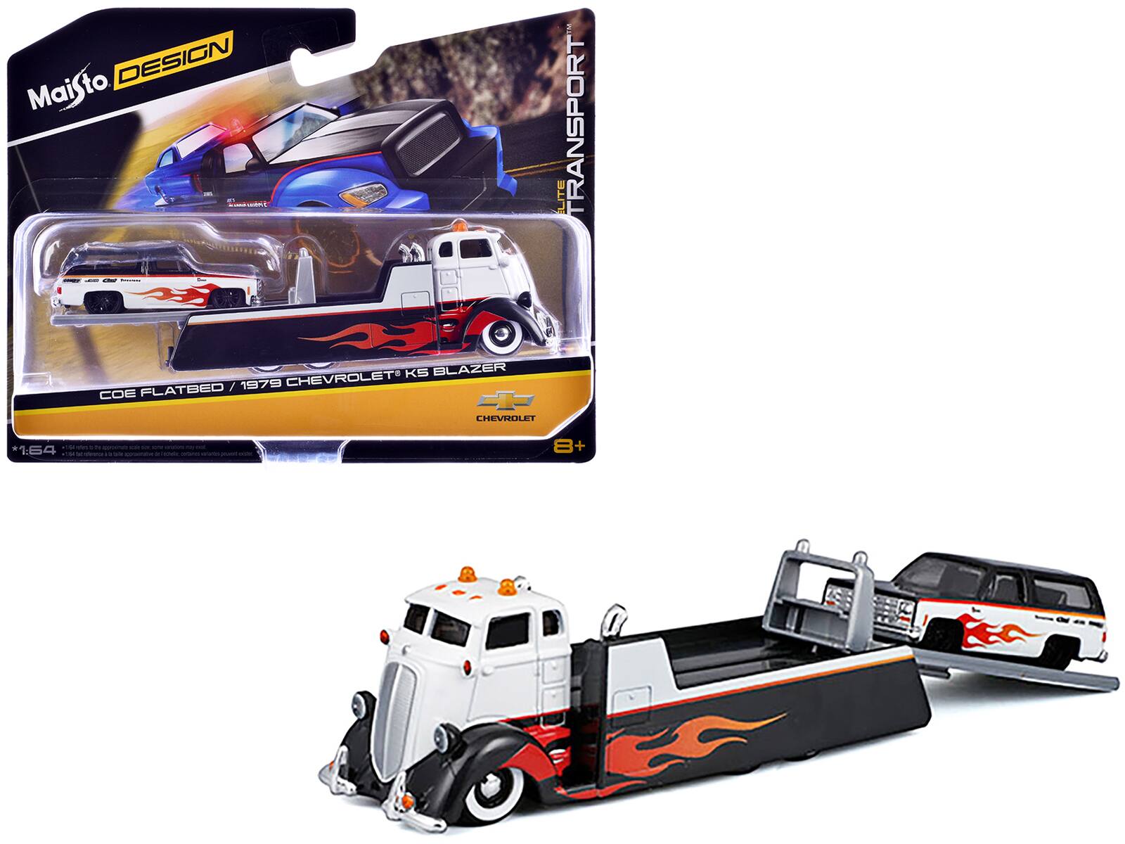 Maisto - COE Flatbed Truck & 1979 Chevrolet K5 Blazer Black White Flame Graphics Elite Transport Series 1/64 Model - Black, White