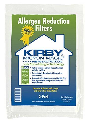 Allergen Reduction Filters

BEST KIRBY R MICRON MAGIC® HEPA FILTRATION with MicroAllergen Technology

- Reduces common household dust, pollen, mites, and other particles.
- Electrostatically charged material traps micron particle matter.
- To maintain HEPA filtration, use only GENUINE Kirby filter bags available from your local authorized Kirby Distributor.

Universal Style Fits Both F-style and Twist-style Kirby Models

2-Pack

Made in China with American Materials

The Kirby Corporation
Clyde, OH, U.S.A.
www.kirby.com