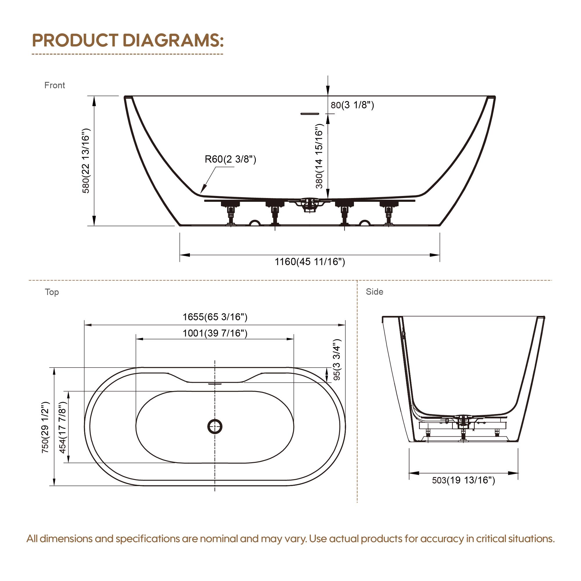PRODUCT DIAGRAMS:

Front
- 580(22 13/16")
- R60(2 3/8")
- 80(3 1/8")
- 380(14 15/16")
- 1160(45 11/16")

Top
- 1655(65 3/16")
- 1001(39 7/16")
- 750(29 7/8")
- 454(17 5/16")
- 503(19 13/16")

Side
- 95(3 1/2")
- 503(19 13/16")

All dimensions and specifications are nominal and may vary. Use actual products for accuracy in critical situations.